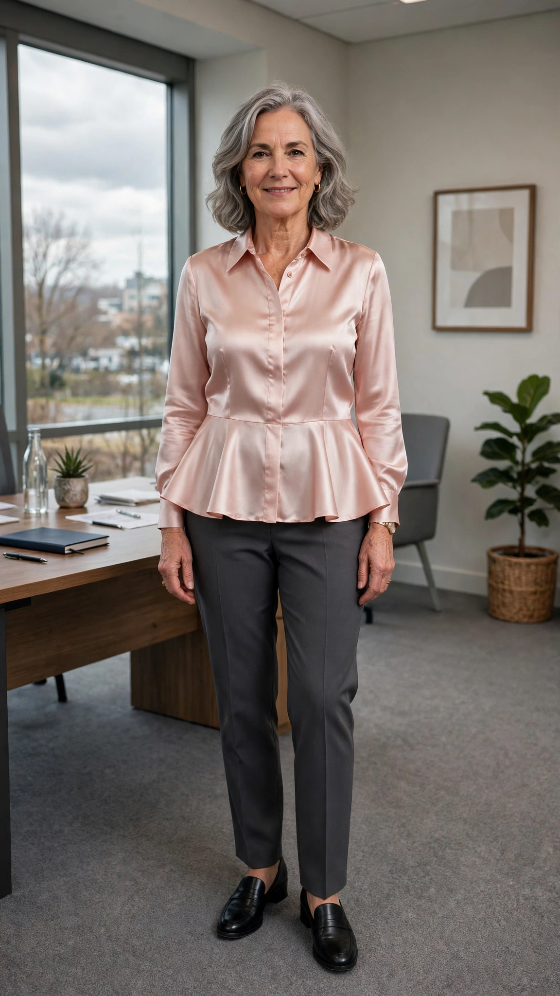 40 Women Over 50 Peplum Blouse and Trouser Outfits for March Office Days That Are Fresh, Chic and Easy to Wear 24 Peplum silk blouse with charcoal trousers