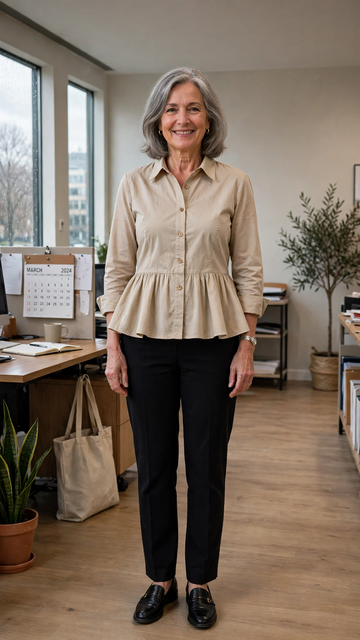 40 Women Over 50 Peplum Blouse and Trouser Outfits for March Office Days That Are Fresh, Chic and Easy to Wear 25 Peplum cotton blouse with black tailored trousers