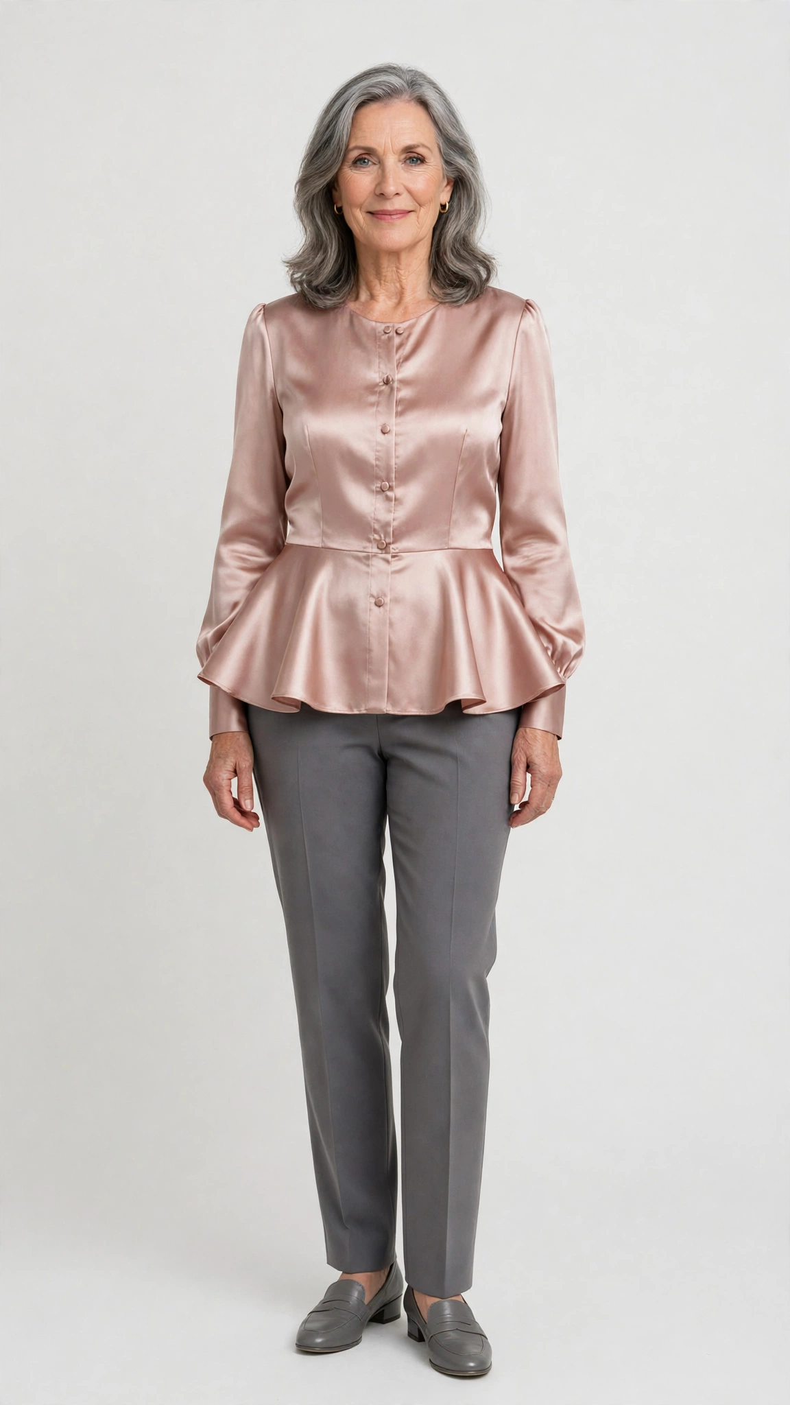 40 Women Over 50 Peplum Blouse and Trouser Outfits for March Office Days That Are Fresh, Chic and Easy to Wear 26 Peplum satin blouse with grey trousers
