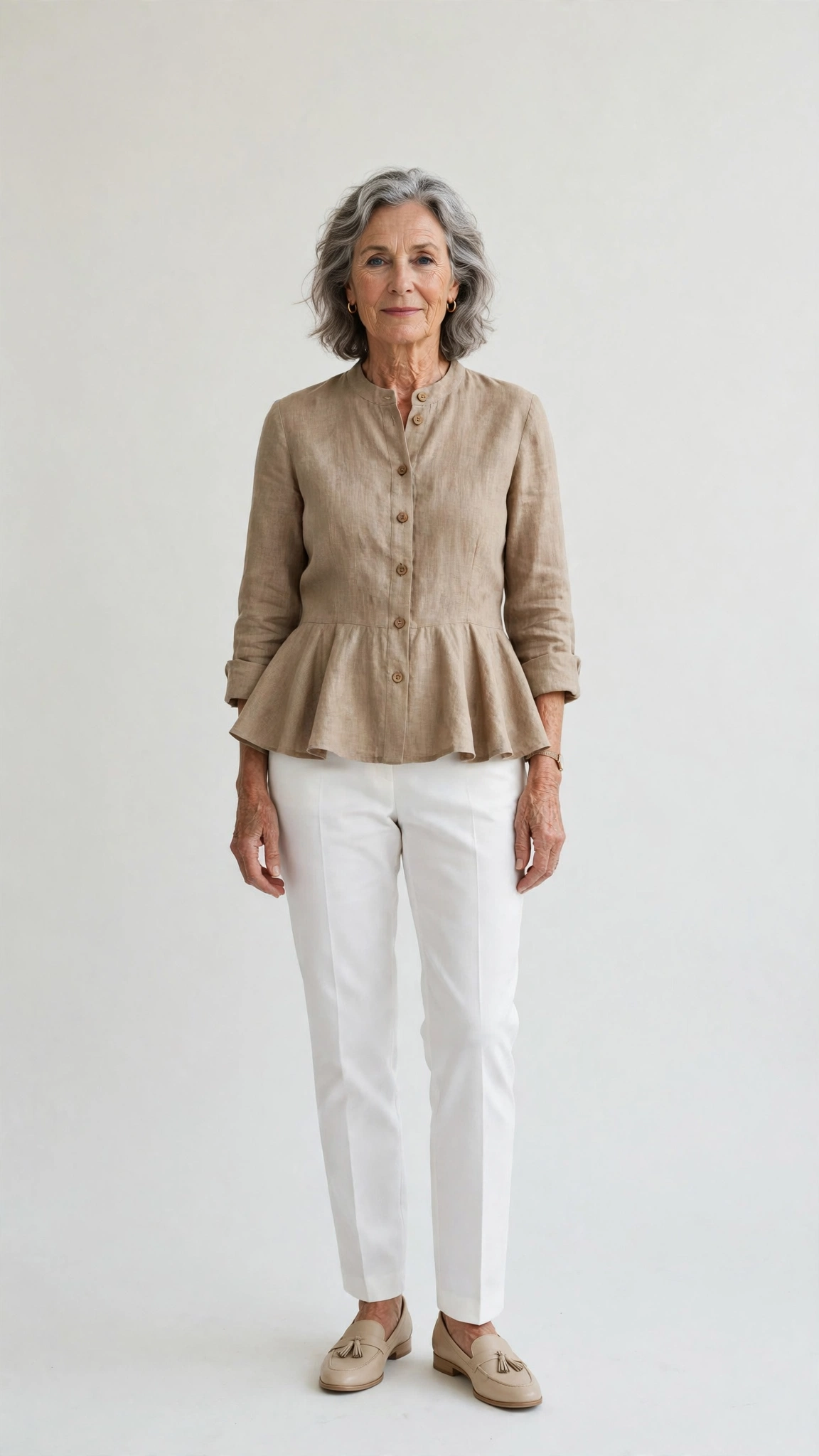 40 Women Over 50 Peplum Blouse and Trouser Outfits for March Office Days That Are Fresh, Chic and Easy to Wear 27 Peplum linen blouse with white trousers
