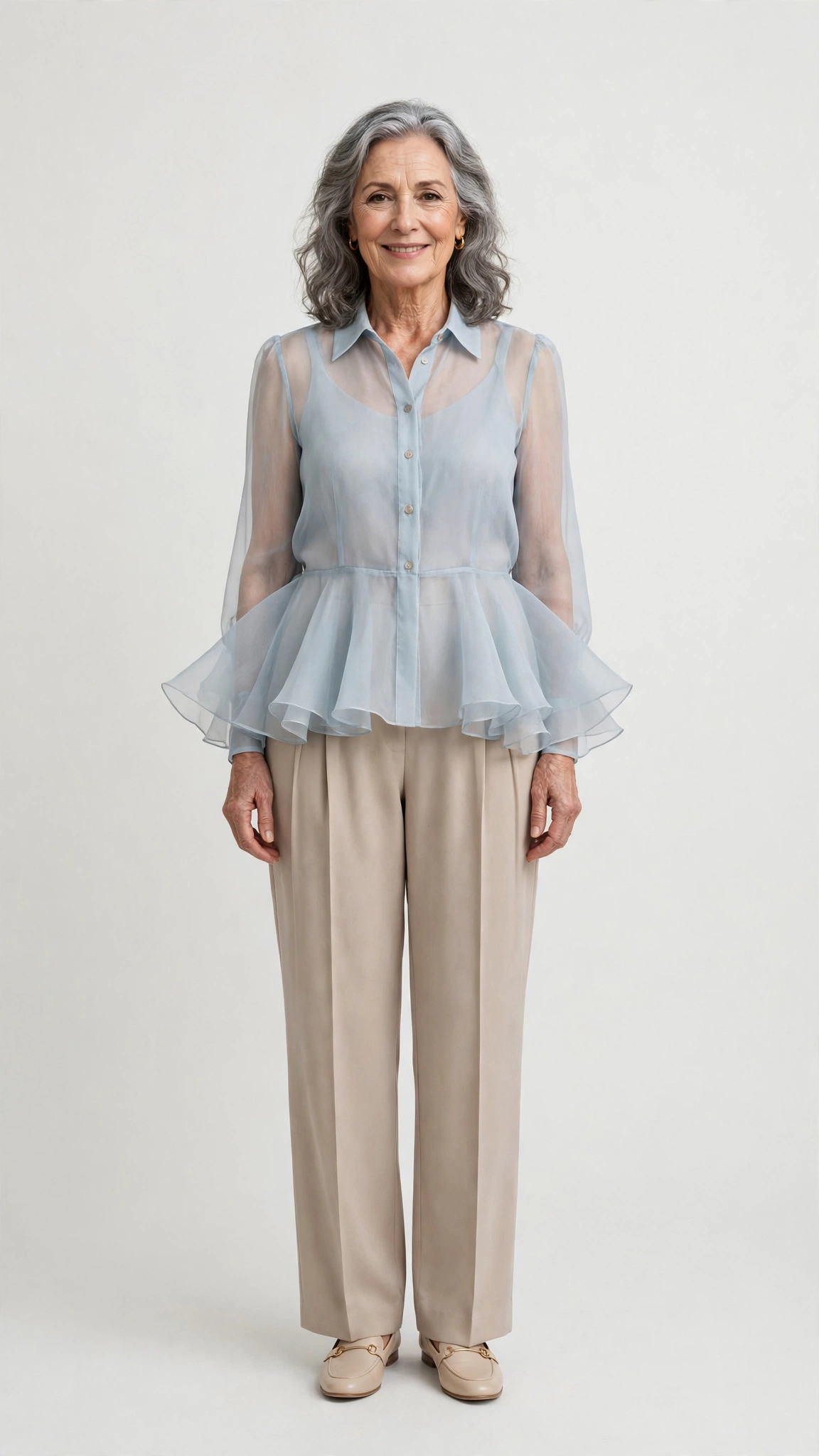 40 Women Over 50 Peplum Blouse and Trouser Outfits for March Office Days That Are Fresh, Chic and Easy to Wear 28 Peplum chiffon blouse with pleated trousers