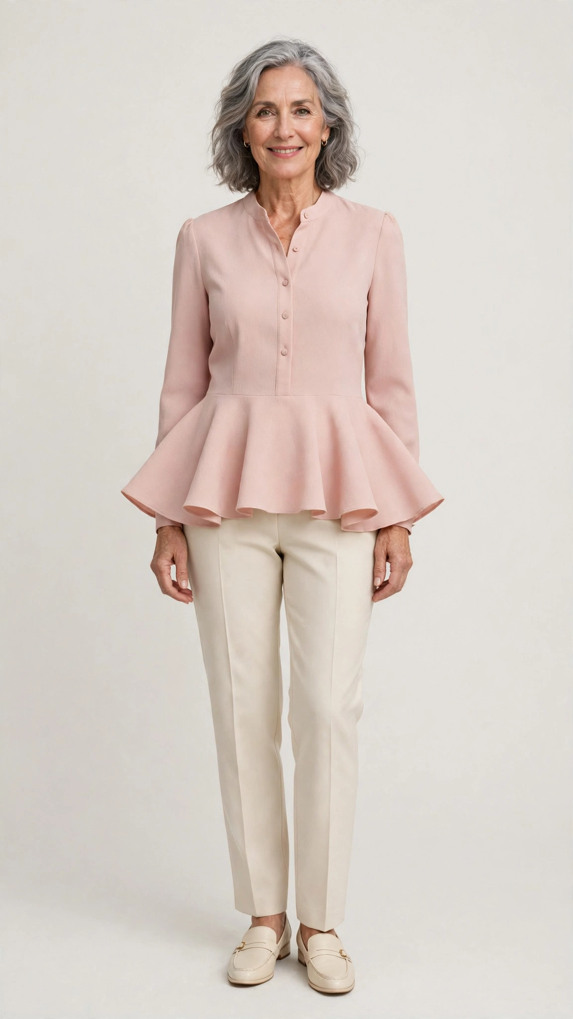 40 Women Over 50 Peplum Blouse and Trouser Outfits for March Office Days That Are Fresh, Chic and Easy to Wear 29 Peplum crepe blouse with cream trousers