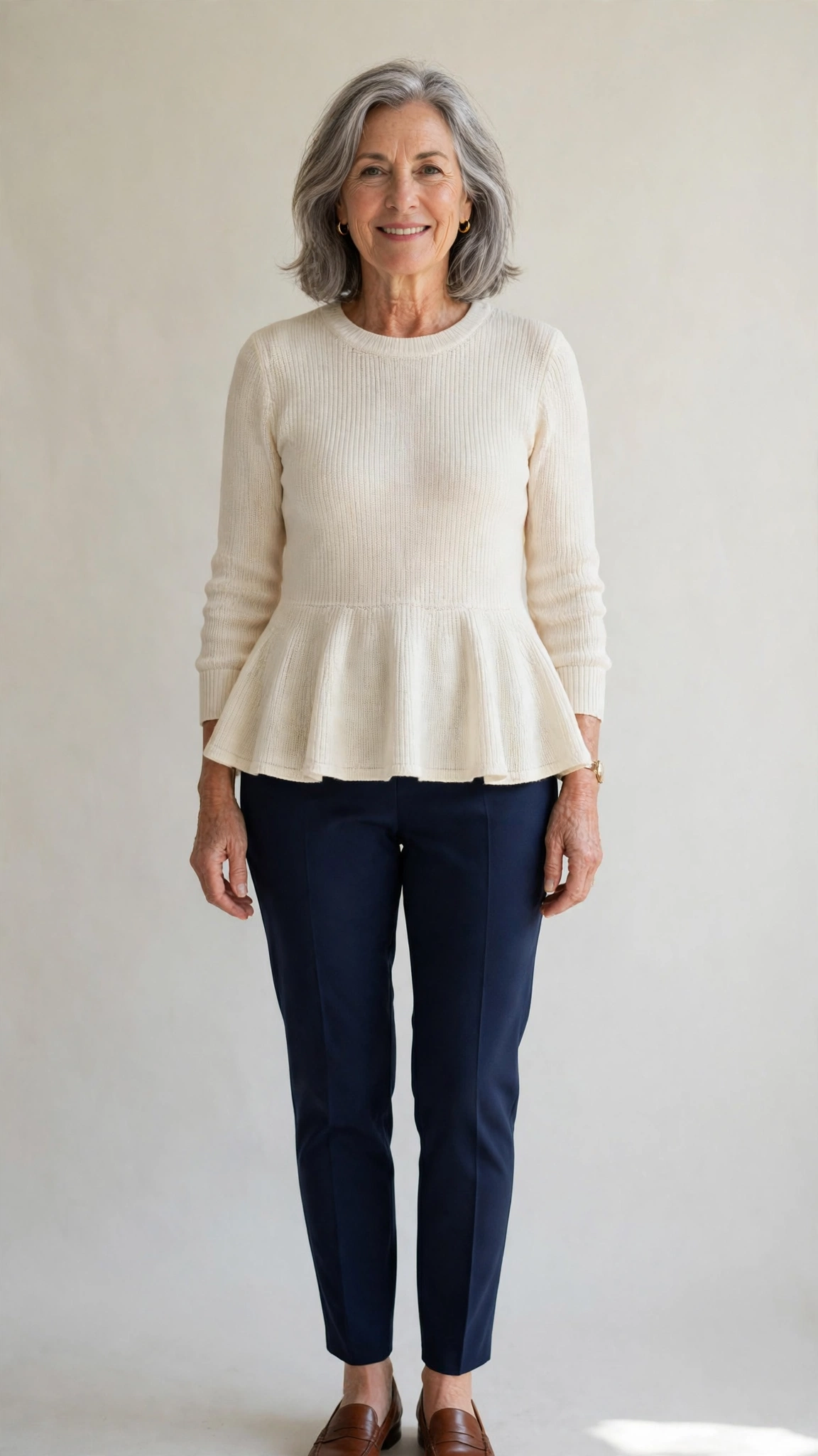 40 Women Over 50 Peplum Blouse and Trouser Outfits for March Office Days That Are Fresh, Chic and Easy to Wear 30 Peplum knit blouse with tapered trousers