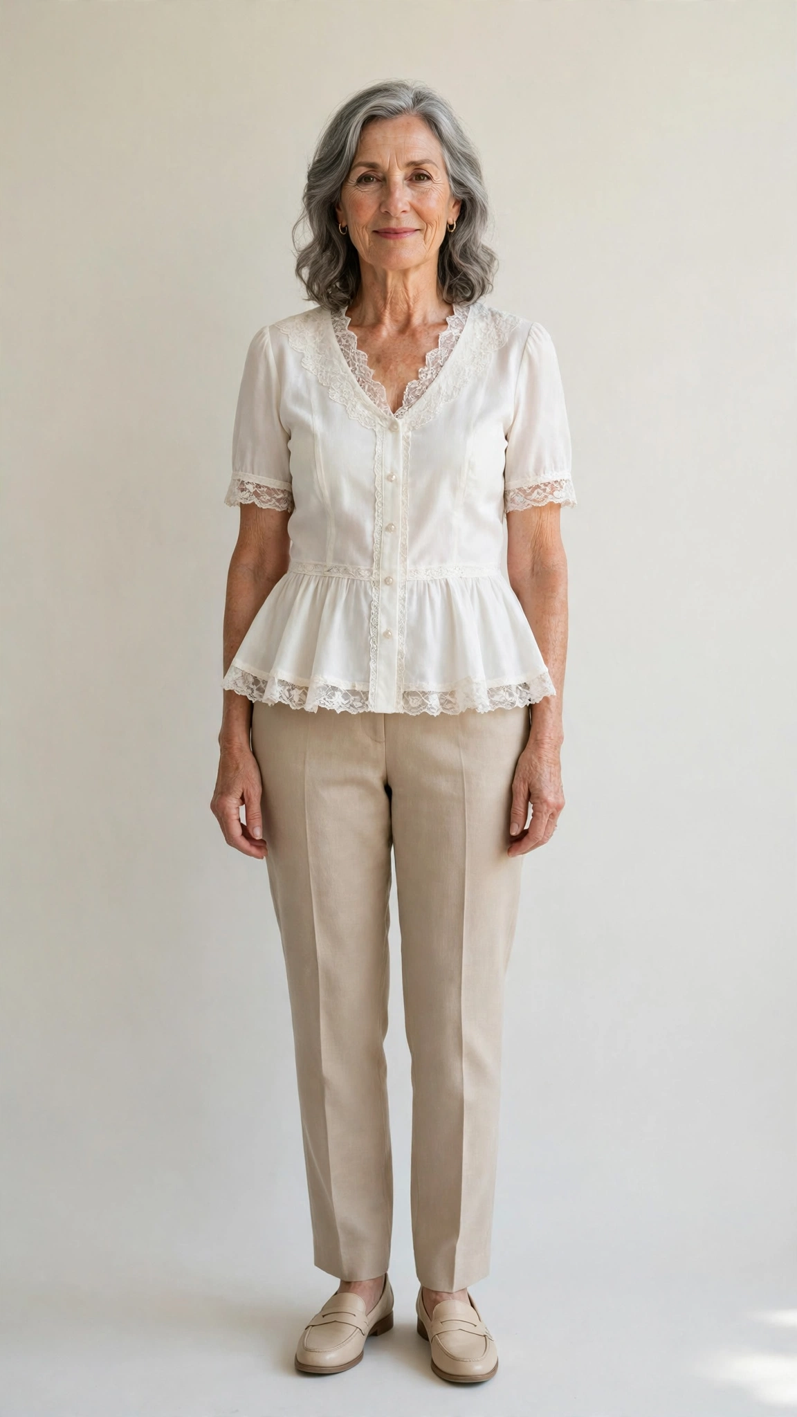 40 Women Over 50 Peplum Blouse and Trouser Outfits for March Office Days That Are Fresh, Chic and Easy to Wear 31 Peplum lace-trim blouse with beige trousers