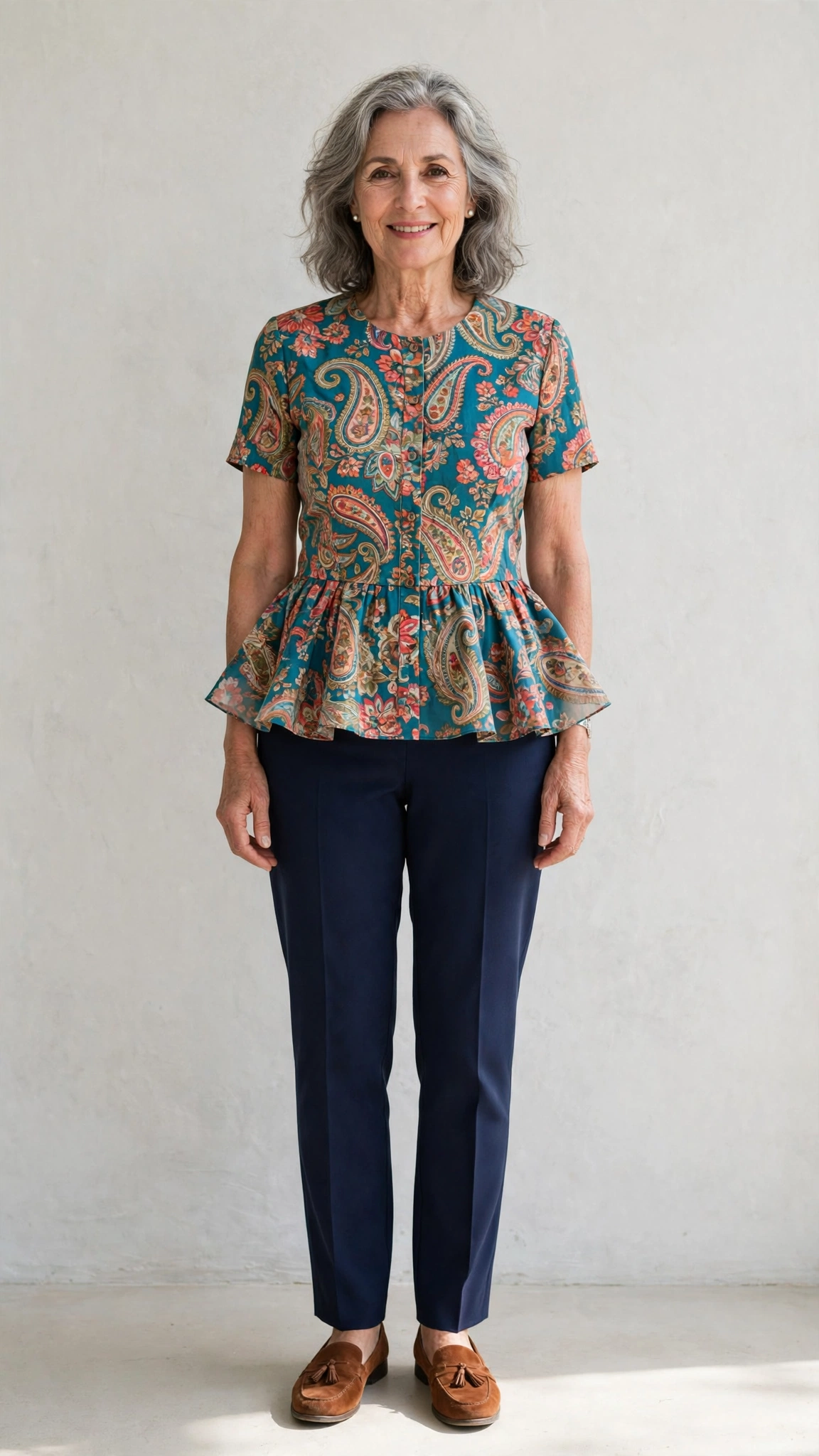 40 Women Over 50 Peplum Blouse and Trouser Outfits for March Office Days That Are Fresh, Chic and Easy to Wear 32 Peplum printed blouse with navy trousers