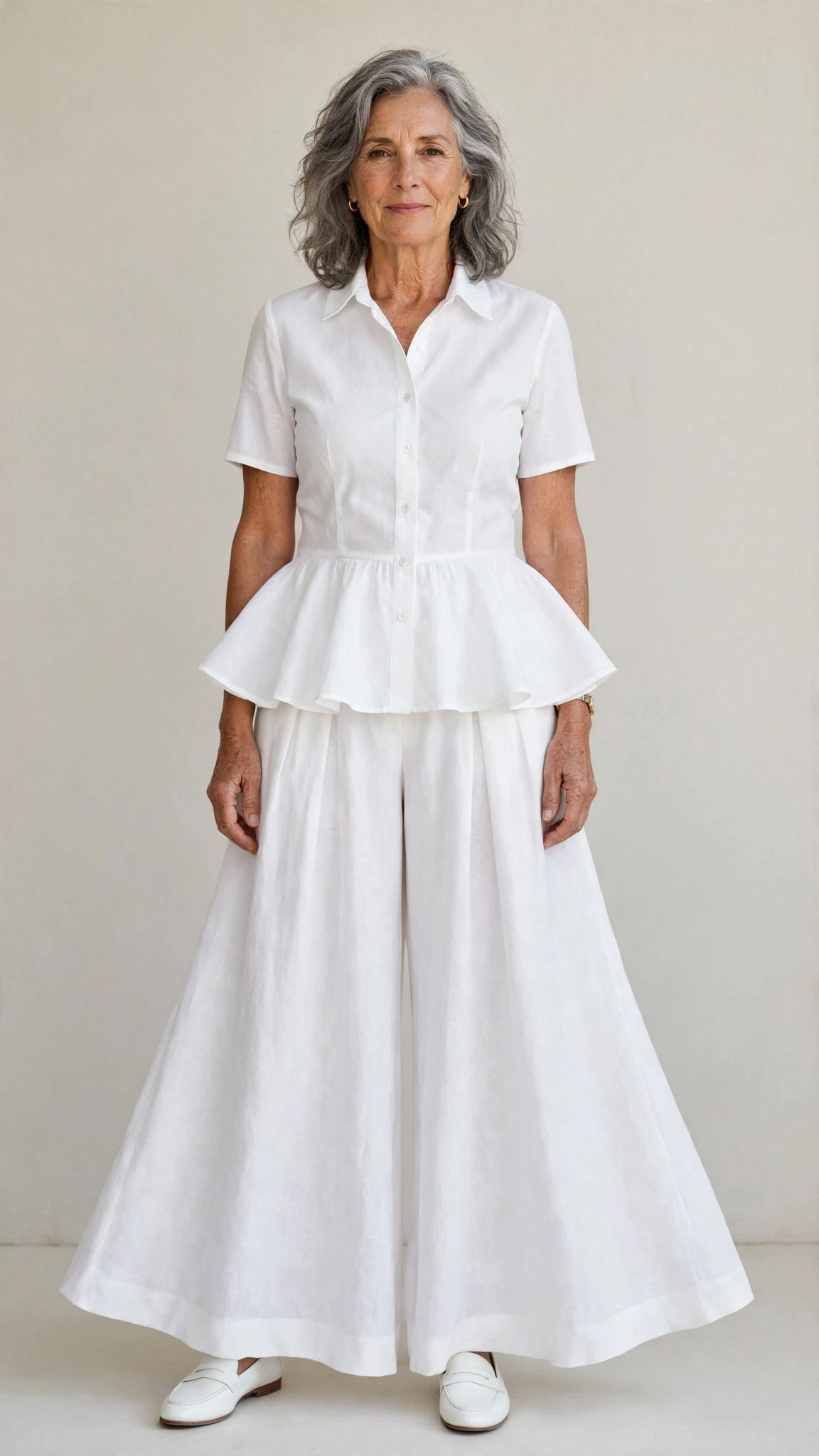 40 Women Over 50 Peplum Blouse and Trouser Outfits for March Office Days That Are Fresh, Chic and Easy to Wear 33 Peplum white blouse with wide-leg trousers