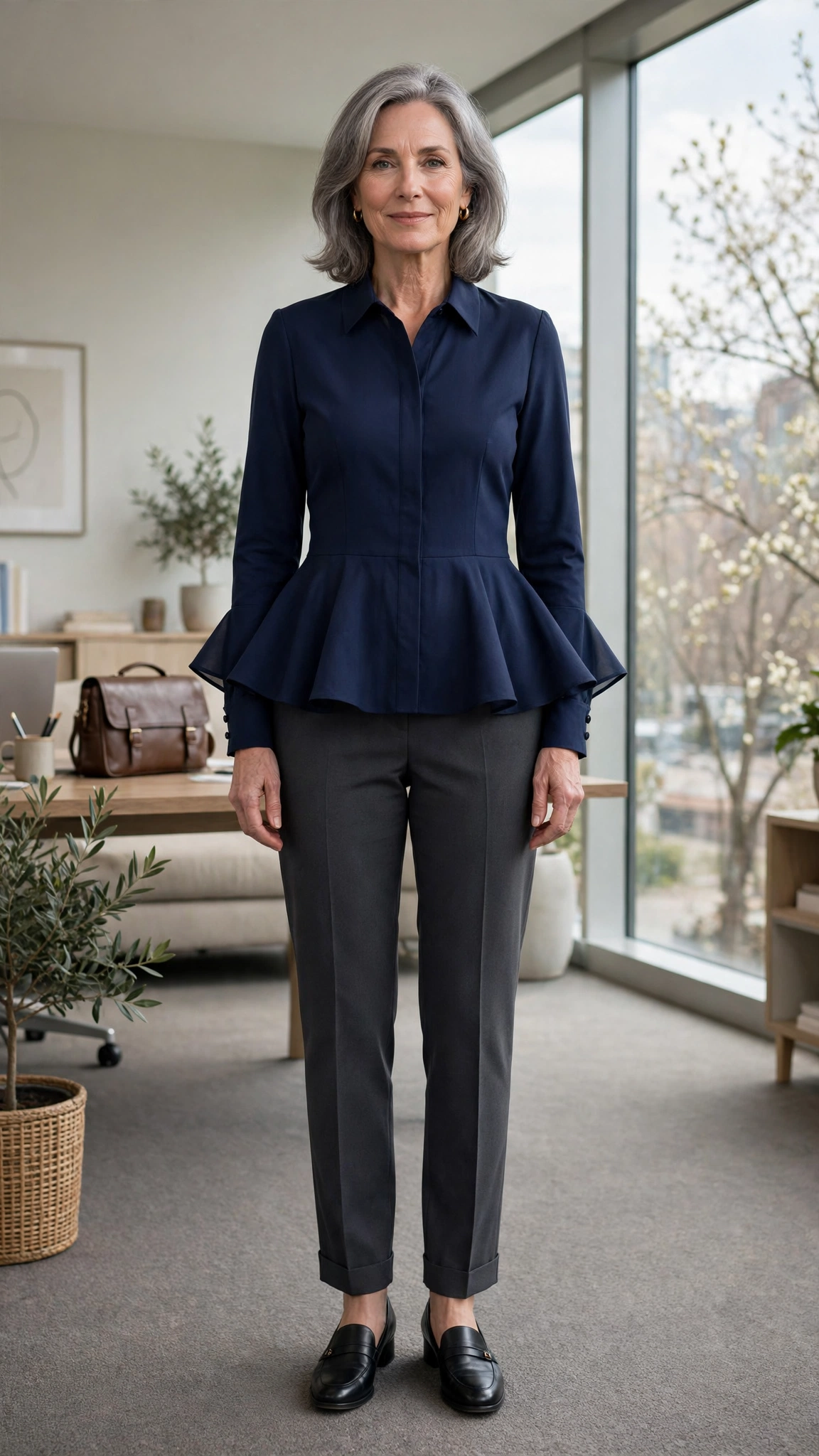 40 Women Over 50 Peplum Blouse and Trouser Outfits for March Office Days That Are Fresh, Chic and Easy to Wear 34 Peplum navy blouse with charcoal trousers