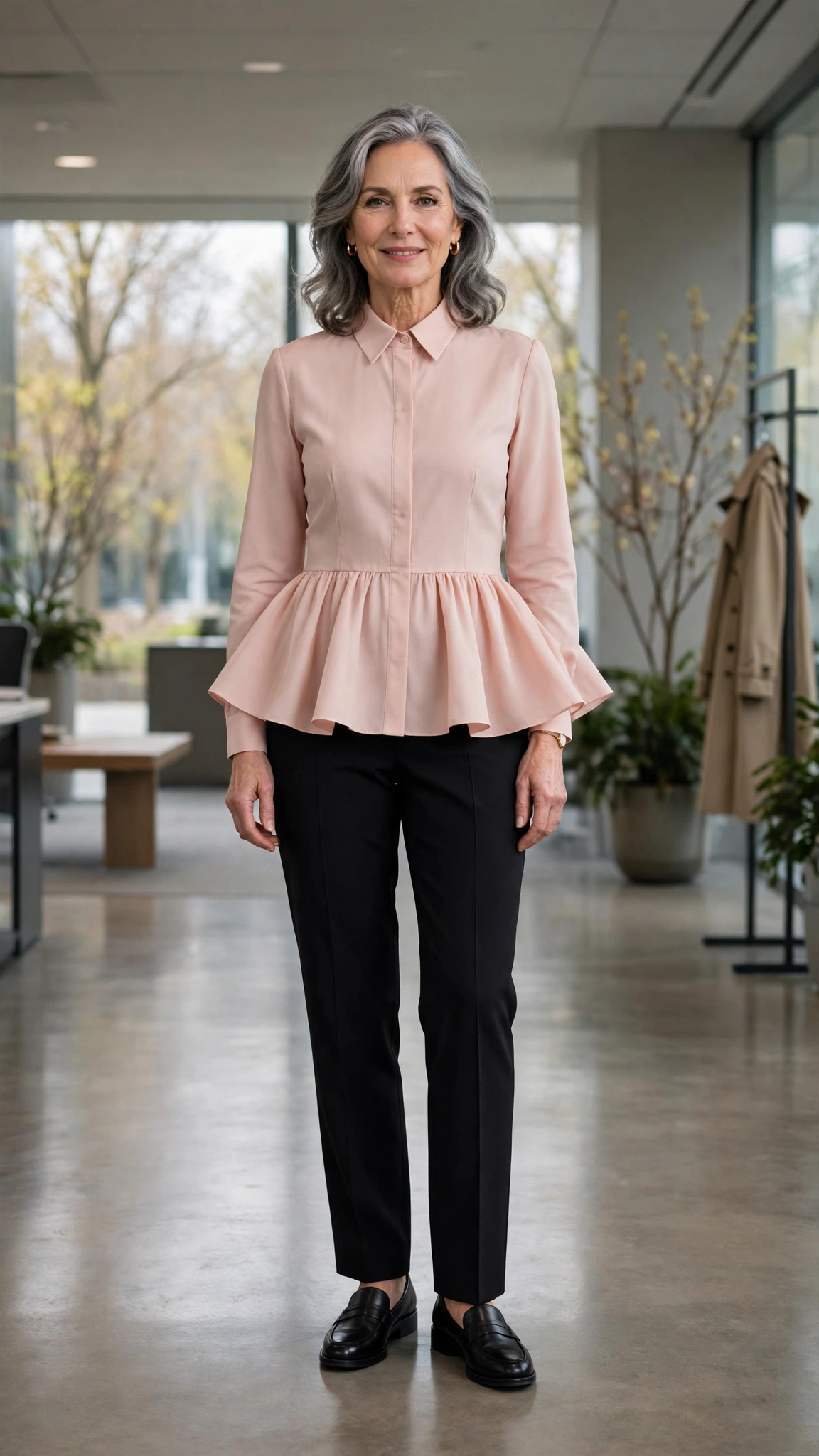 40 Women Over 50 Peplum Blouse and Trouser Outfits for March Office Days That Are Fresh, Chic and Easy to Wear 35 Peplum blush blouse with black tailored trousers