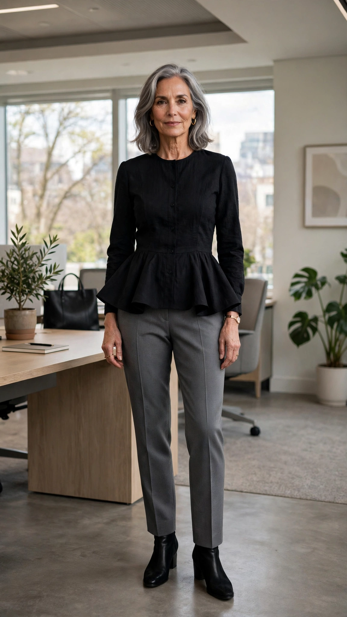 40 Women Over 50 Peplum Blouse and Trouser Outfits for March Office Days That Are Fresh, Chic and Easy to Wear 36 Peplum black blouse with grey trousers