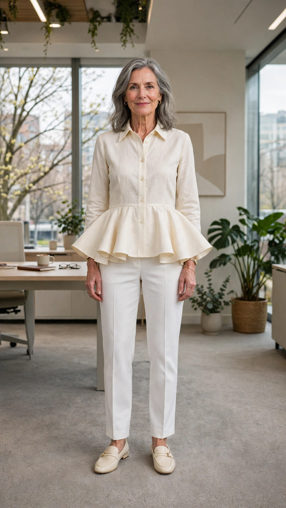 40 Women Over 50 Peplum Blouse and Trouser Outfits for March Office Days That Are Fresh, Chic and Easy to Wear 37 Peplum cream blouse with white trousers