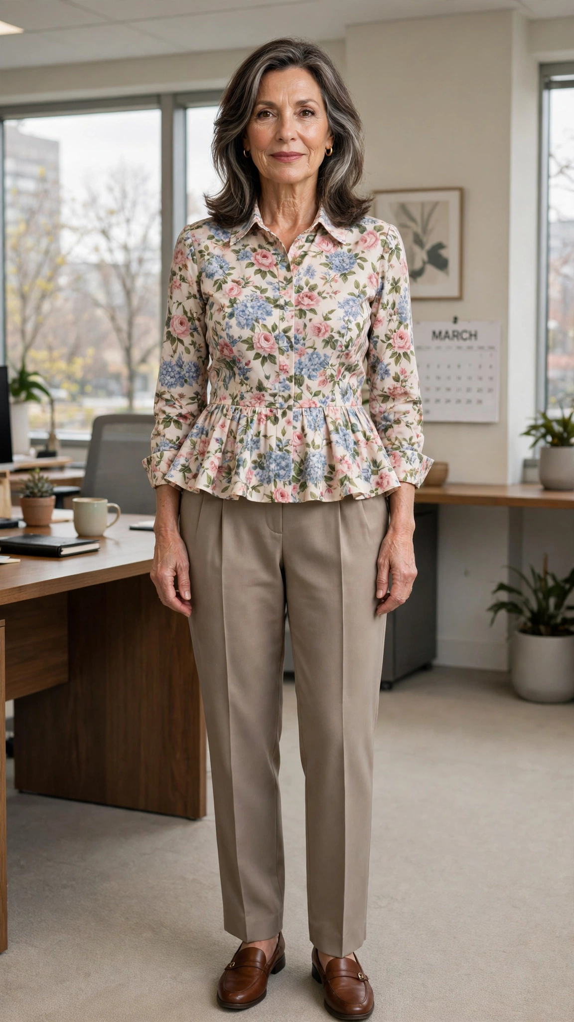 40 Women Over 50 Peplum Blouse and Trouser Outfits for March Office Days That Are Fresh, Chic and Easy to Wear 38 Peplum floral blouse with pleated trousers