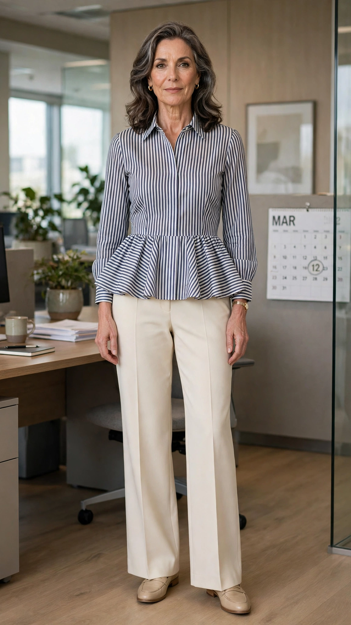 40 Women Over 50 Peplum Blouse and Trouser Outfits for March Office Days That Are Fresh, Chic and Easy to Wear 39 Peplum striped blouse with cream trousers