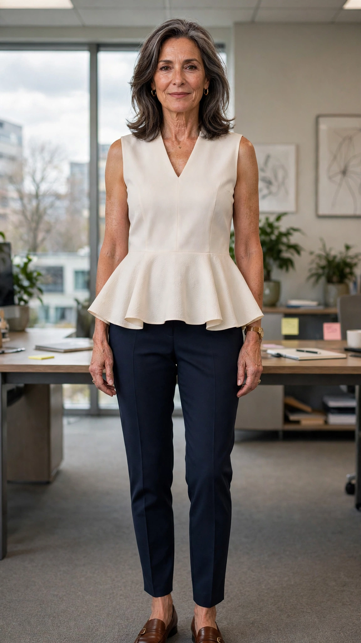 40 Women Over 50 Peplum Blouse and Trouser Outfits for March Office Days That Are Fresh, Chic and Easy to Wear 40 Peplum sleeveless blouse with tapered trousers