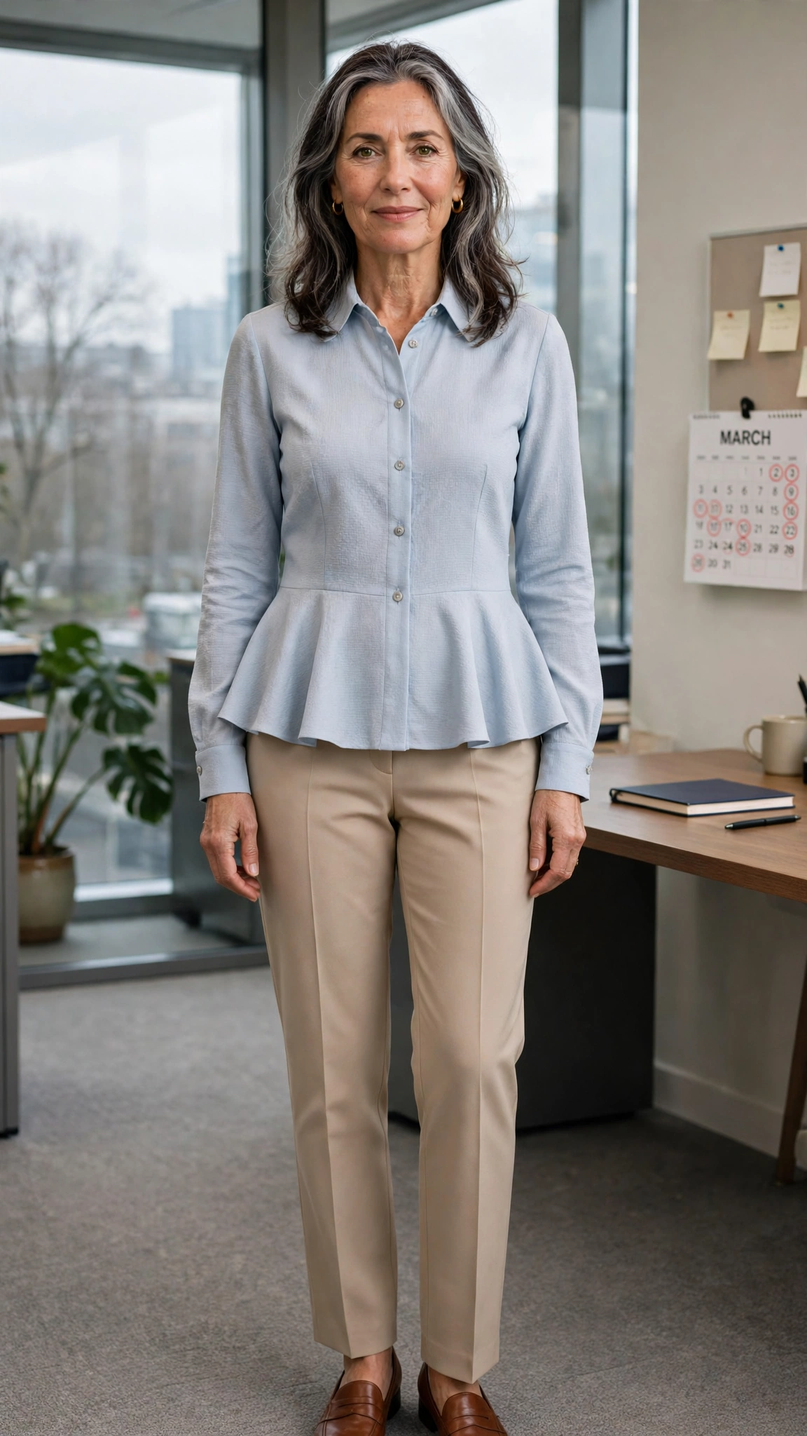 40 Women Over 50 Peplum Blouse and Trouser Outfits for March Office Days That Are Fresh, Chic and Easy to Wear 41 Peplum long-sleeve blouse with beige trousers
