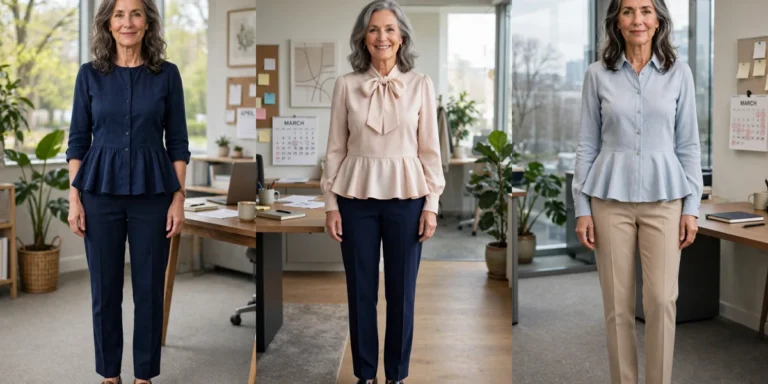 40 Women Over 50 Peplum Blouse and Trouser Outfits for March Office Days That Are Fresh, Chic and Easy to Wear
