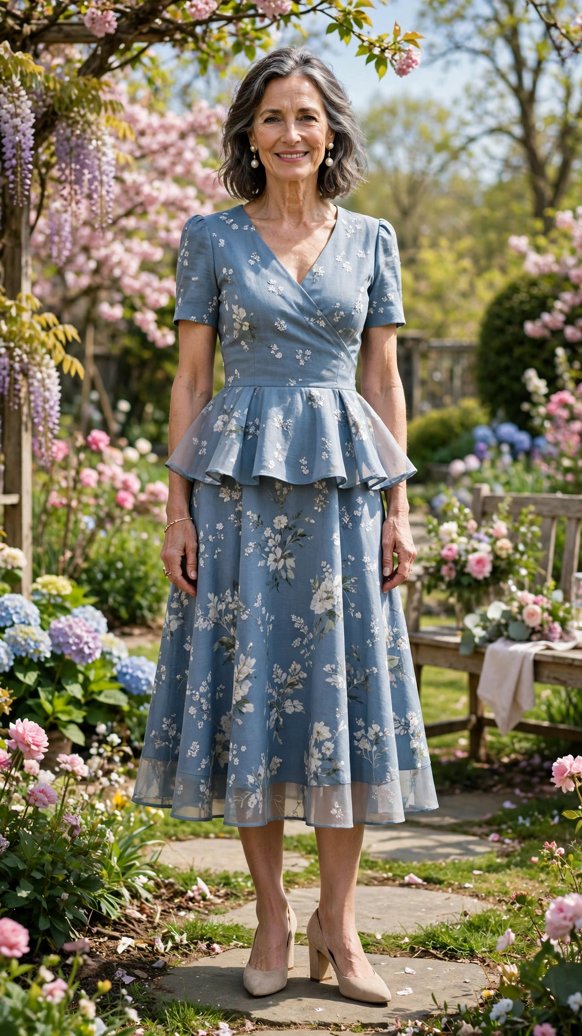 18 Women Over 50 Peplum Dress Outfits for Spring Parties That Are Fresh, Chic and Easy to Wear 3 Peplum midi dress with pearl earrings