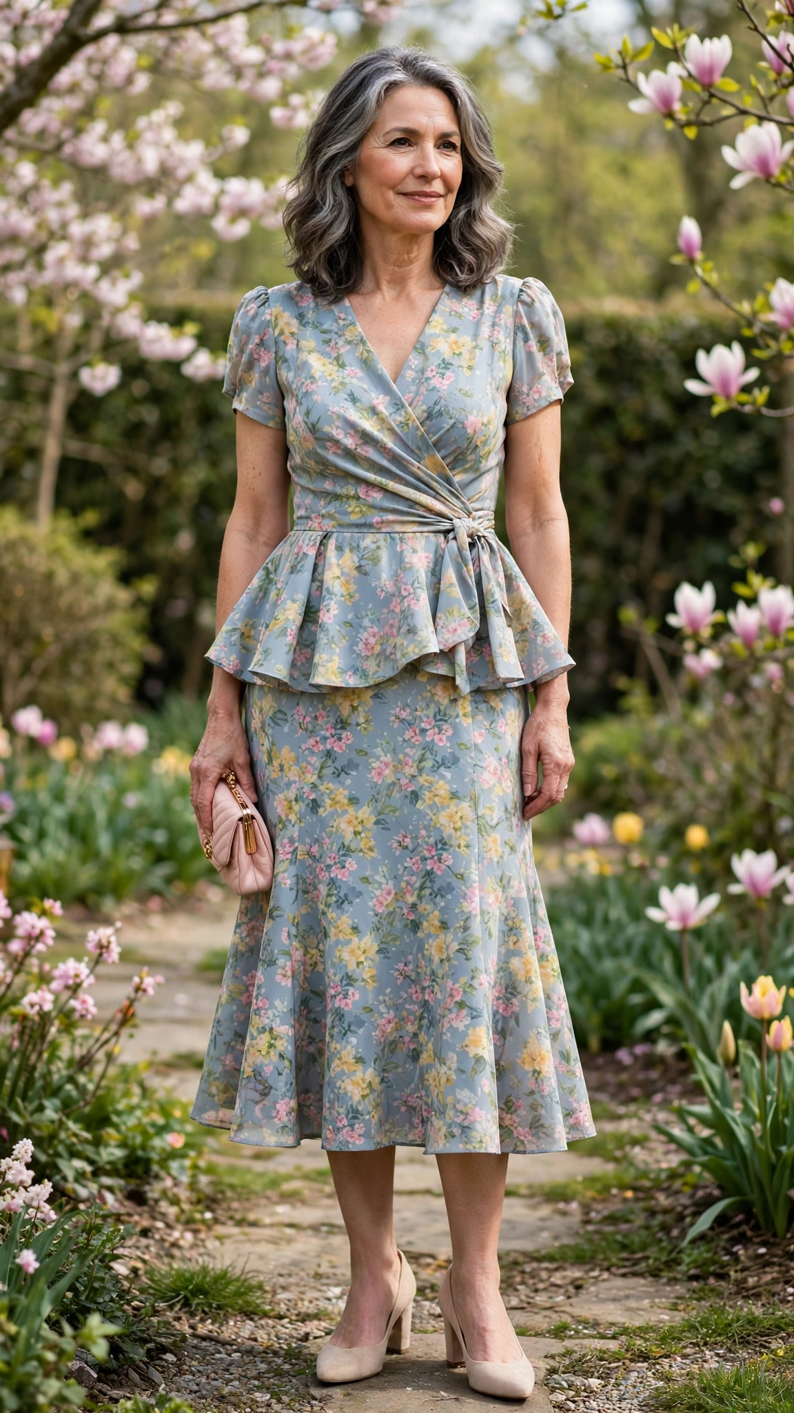 18 Women Over 50 Peplum Dress Outfits for Spring Parties That Are Fresh, Chic and Easy to Wear 7 Peplum wrap dress with a small clutch