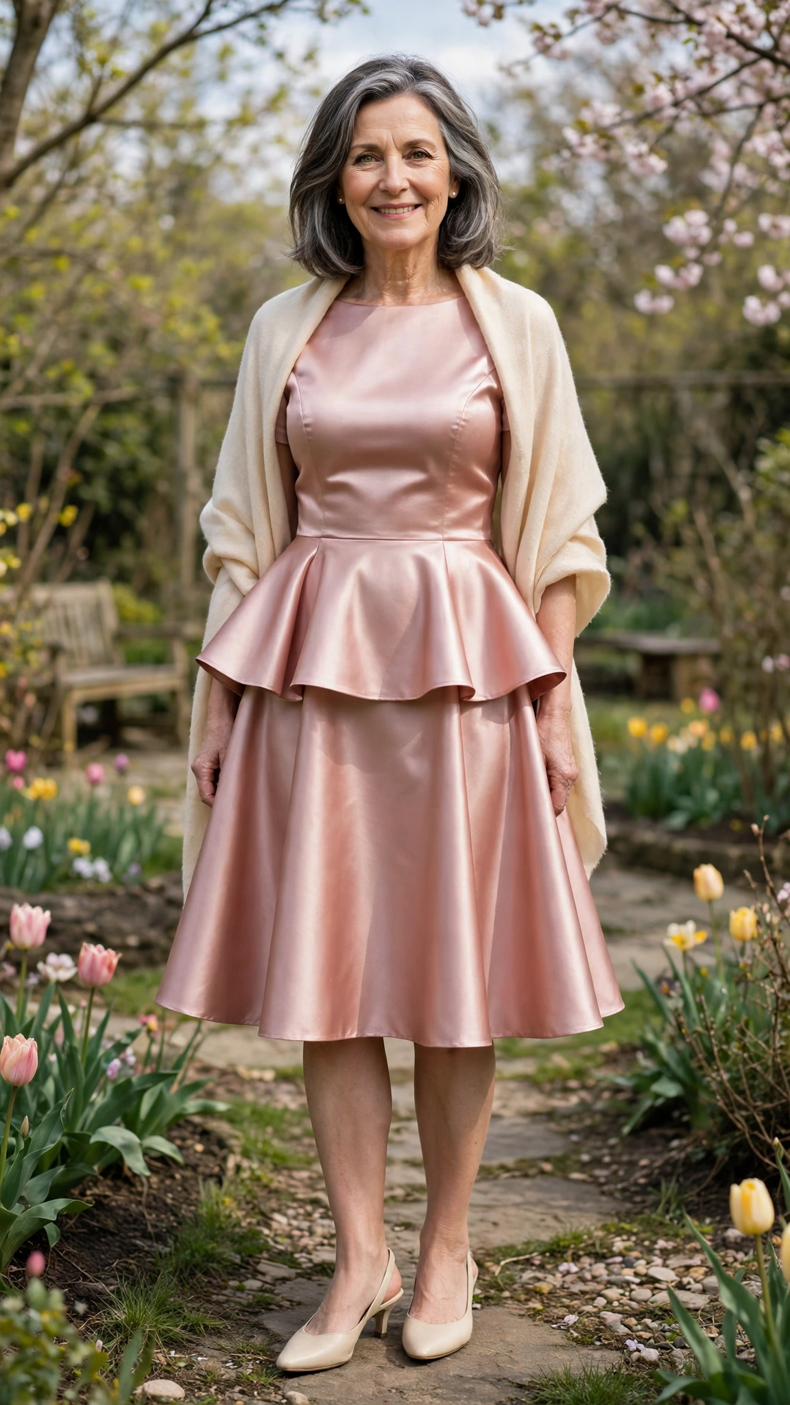 18 Women Over 50 Peplum Dress Outfits for Spring Parties That Are Fresh, Chic and Easy to Wear 8 Peplum satin dress with a shawl