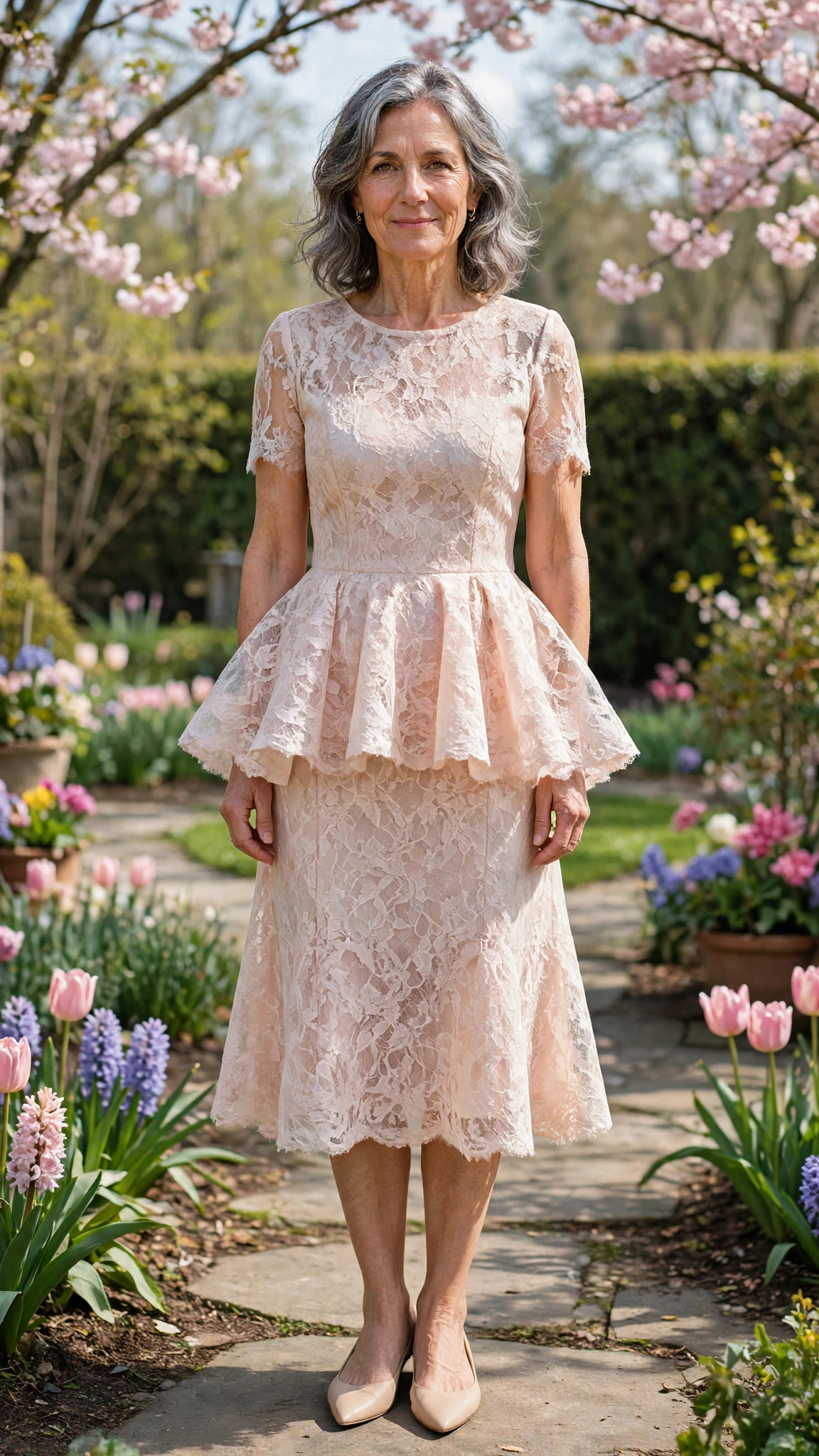18 Women Over 50 Peplum Dress Outfits for Spring Parties That Are Fresh, Chic and Easy to Wear 9 Peplum lace dress with pointed flats