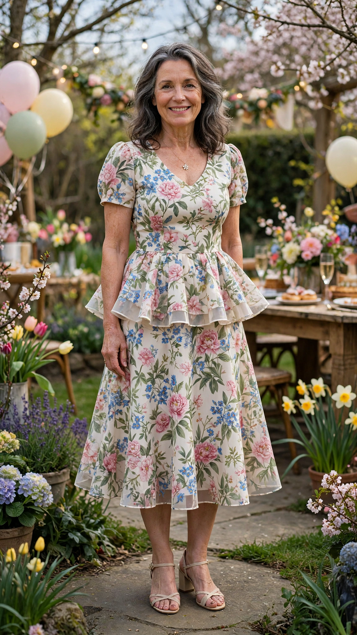 18 Women Over 50 Peplum Dress Outfits for Spring Parties That Are Fresh, Chic and Easy to Wear 10 Peplum floral dress with a delicate necklace