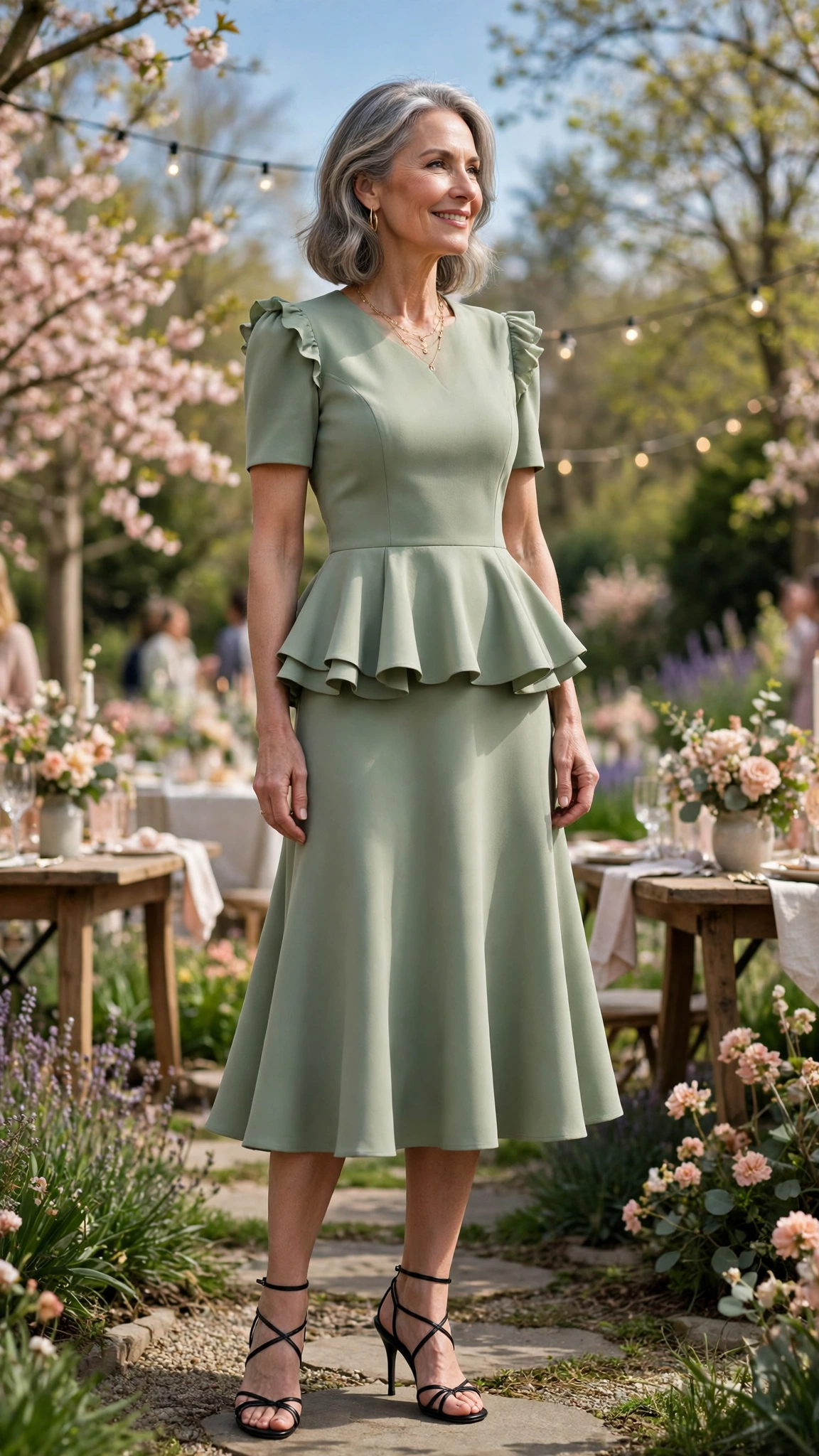 18 Women Over 50 Peplum Dress Outfits for Spring Parties That Are Fresh, Chic and Easy to Wear 15 Peplum midi dress with strappy heels
