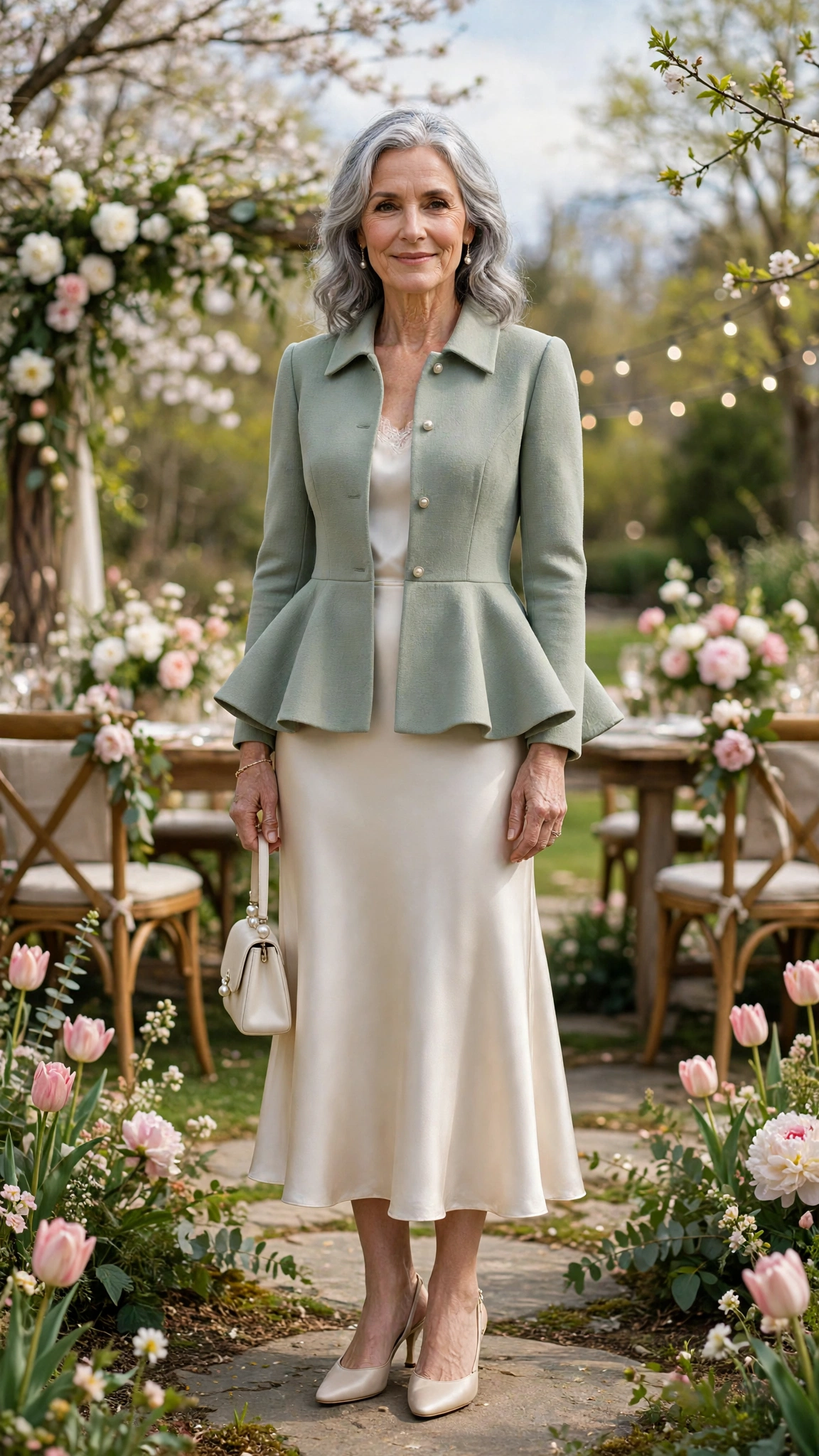 Peplum jacket with a satin midi skirt