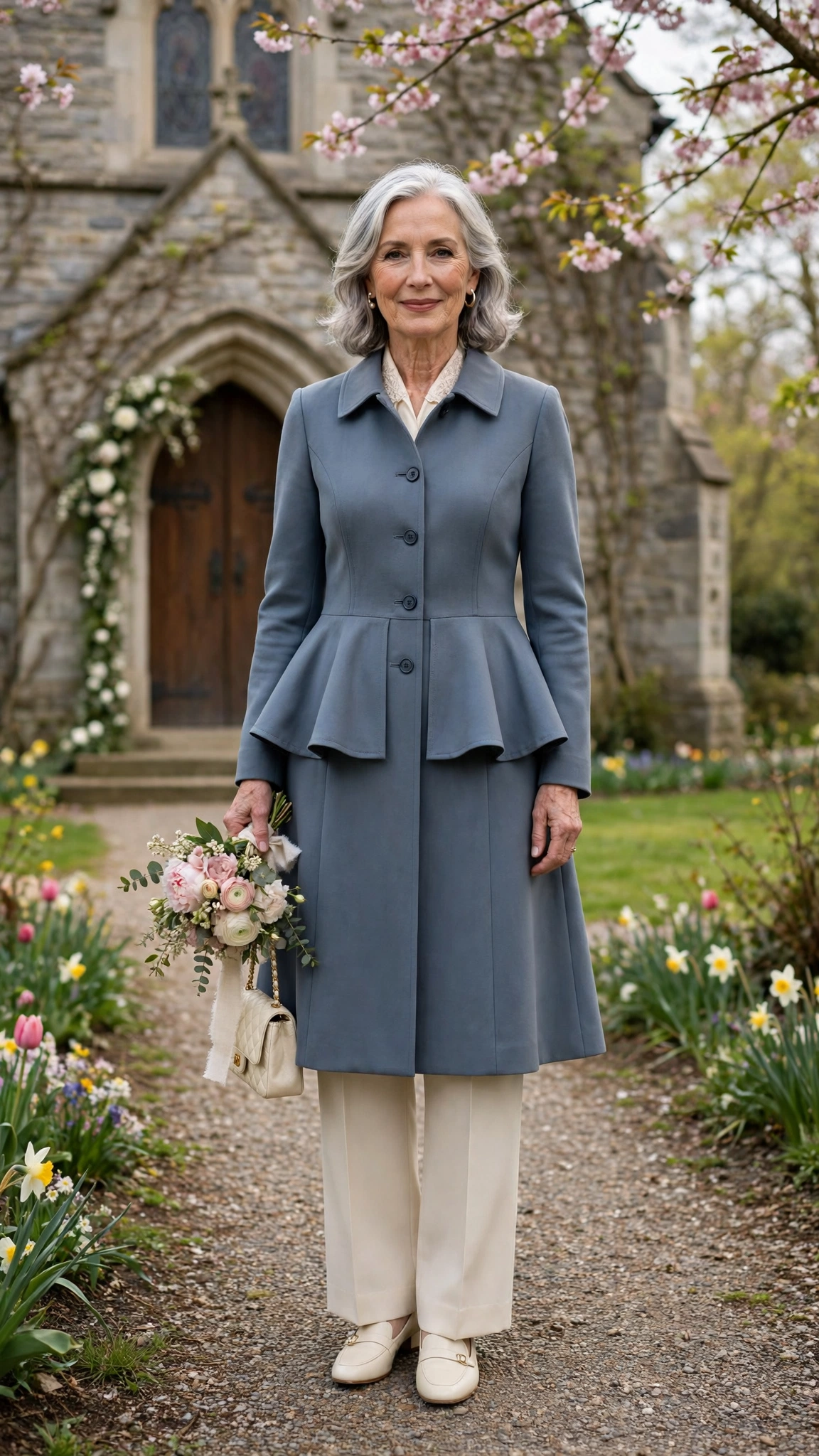 Peplum coat with cream trousers