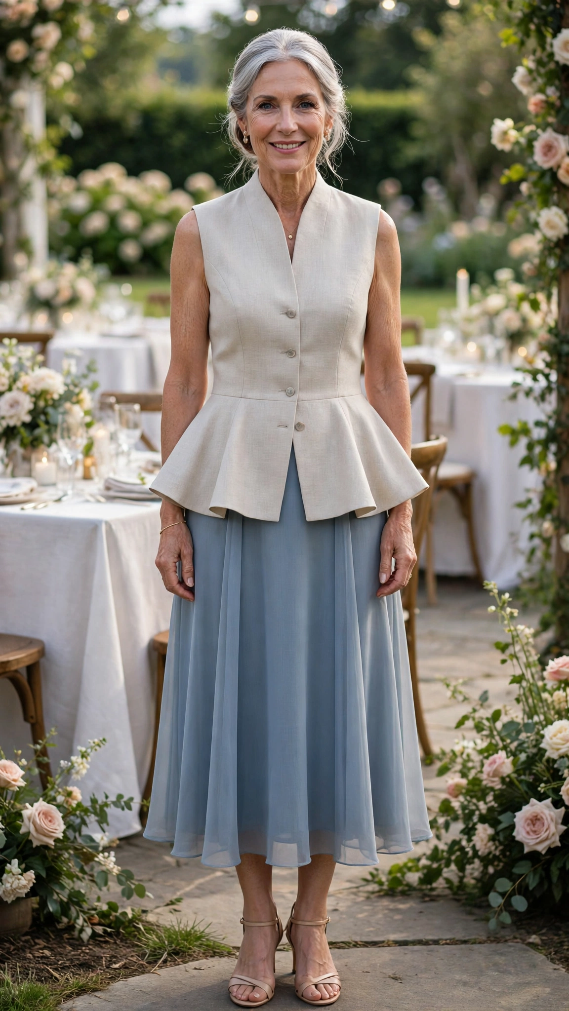 Peplum waistcoat with a midi dress