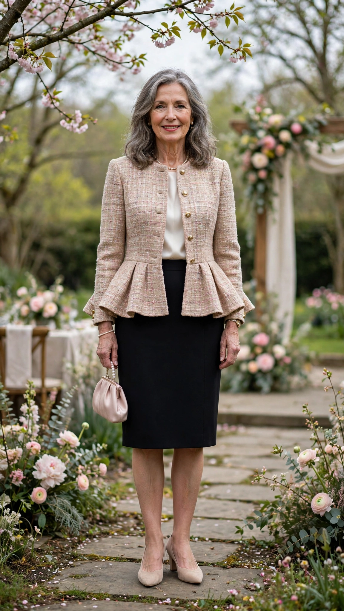 Peplum tweed jacket with a pencil skirt
