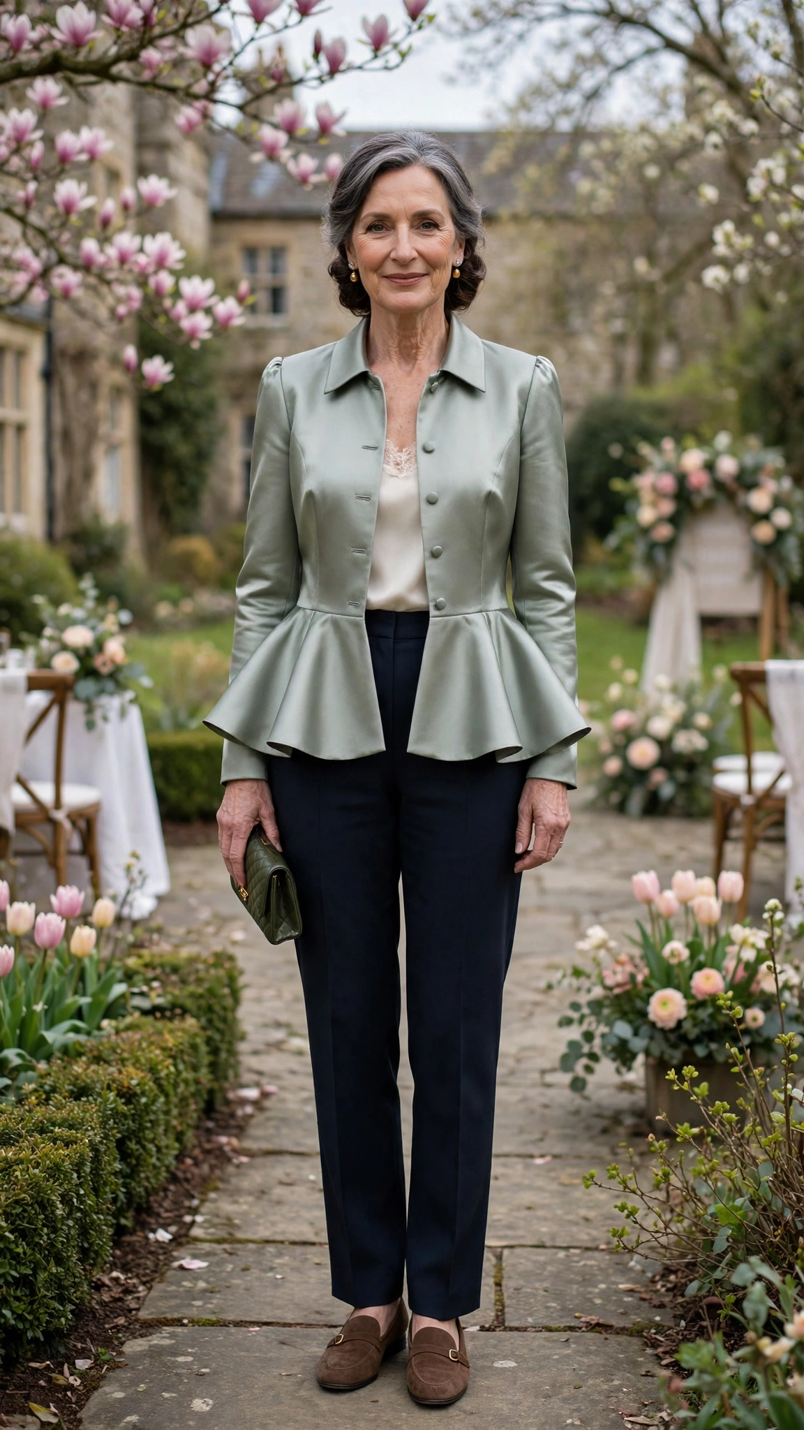 Peplum satin jacket with dark trousers