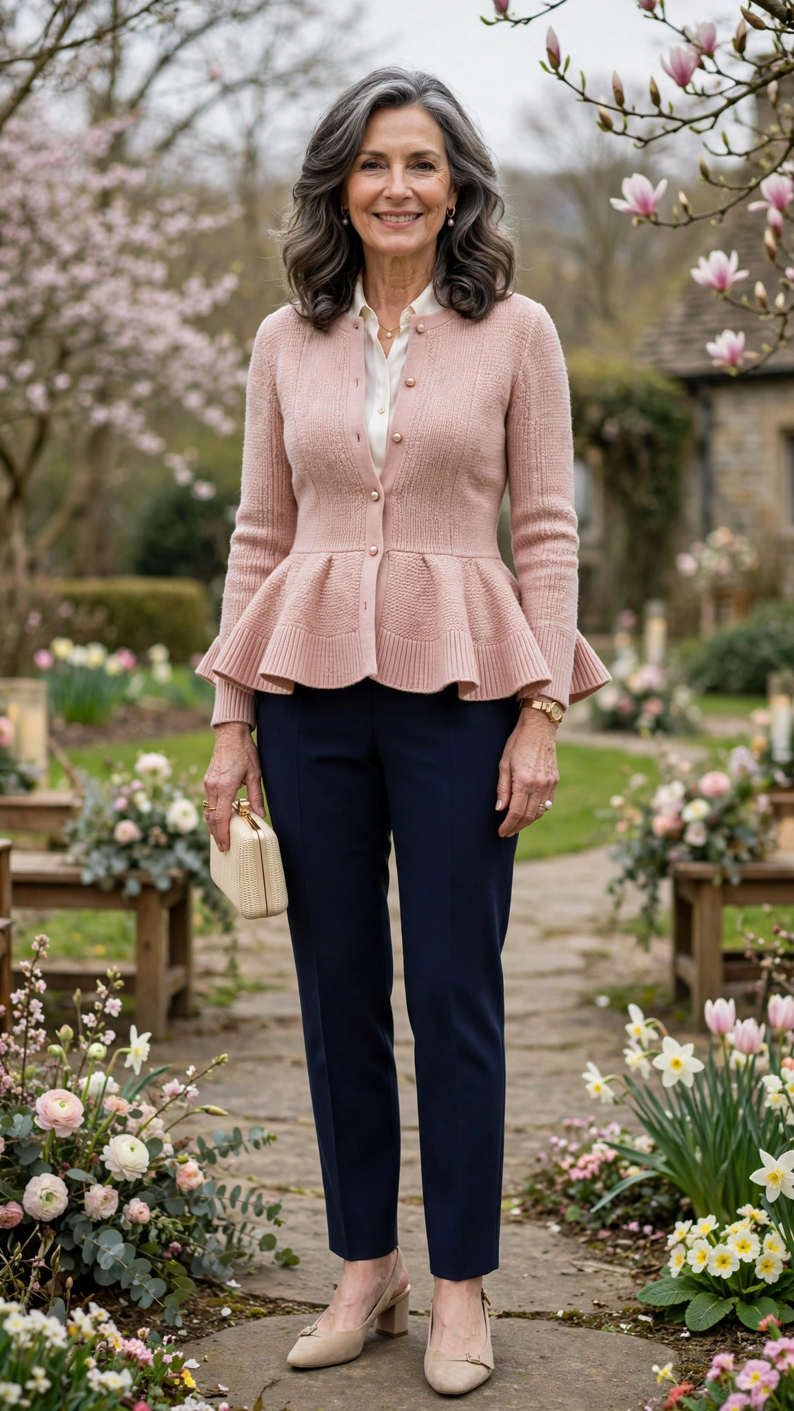 Peplum knit jacket with tailored trousers