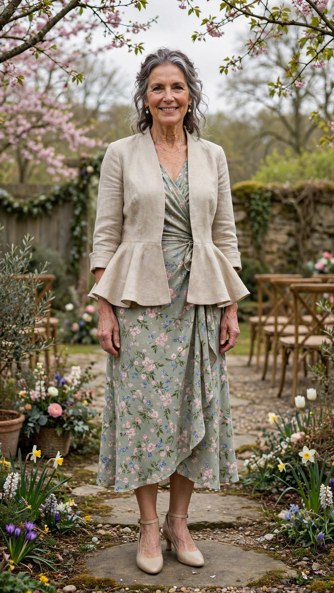Peplum linen jacket with a wrap dress