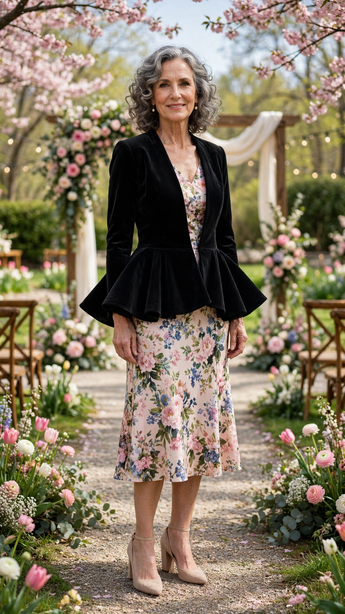 Peplum evening jacket with a floral dress