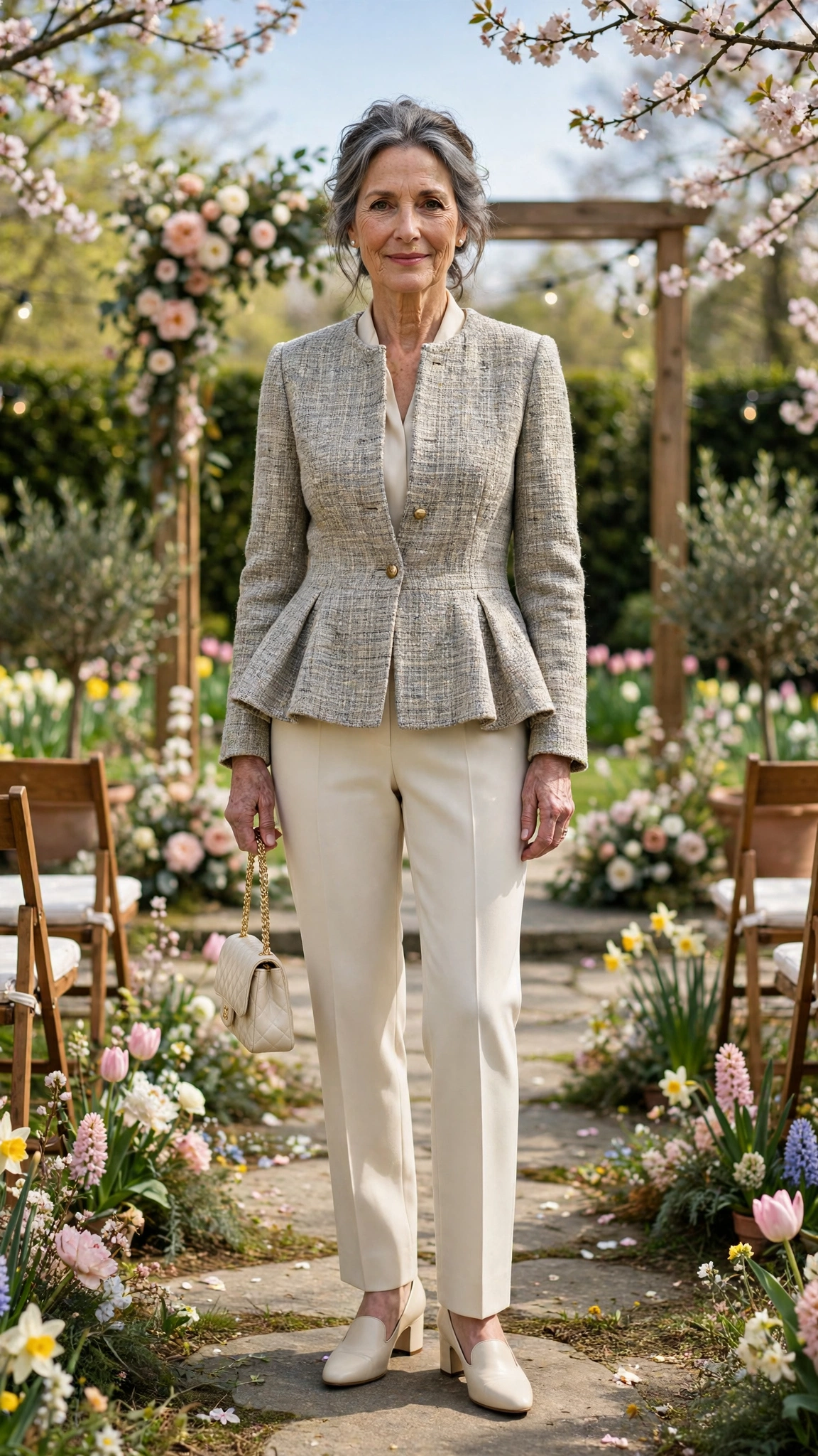 Peplum tweed jacket with cream trousers