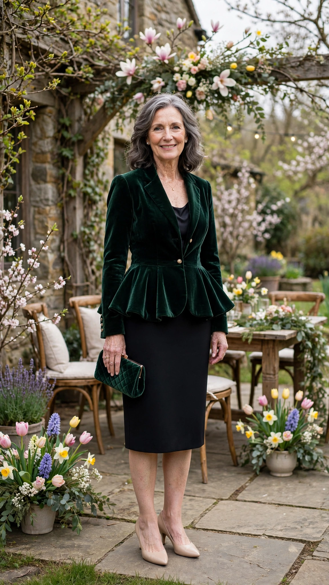 Peplum velvet jacket with a pencil skirt