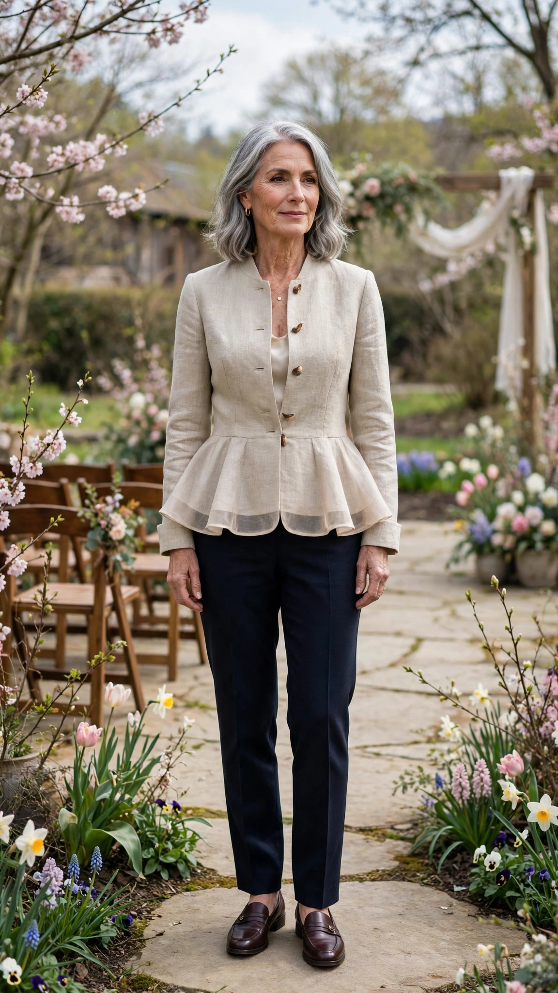 Peplum linen jacket with dark trousers