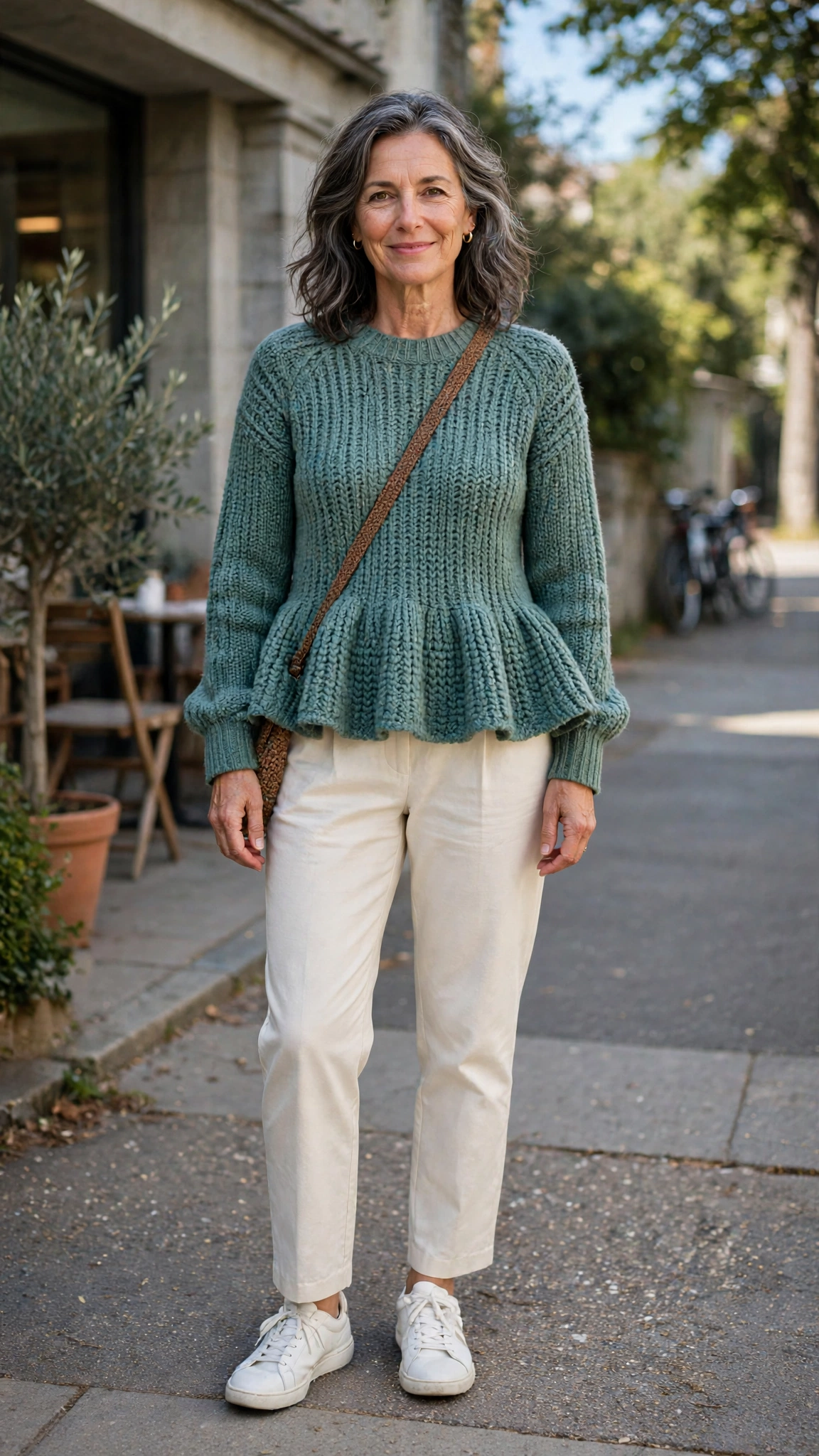 Peplum knit sweater with cream trousers