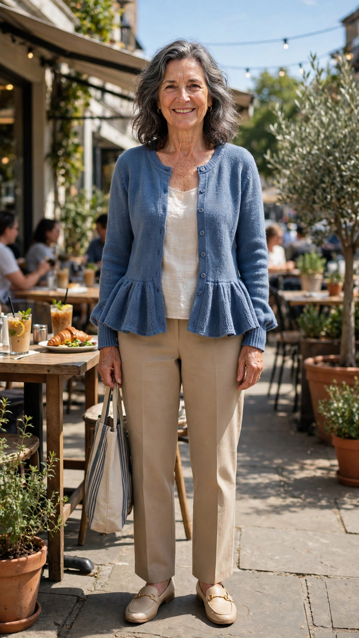 Peplum cardigan with straight trousers