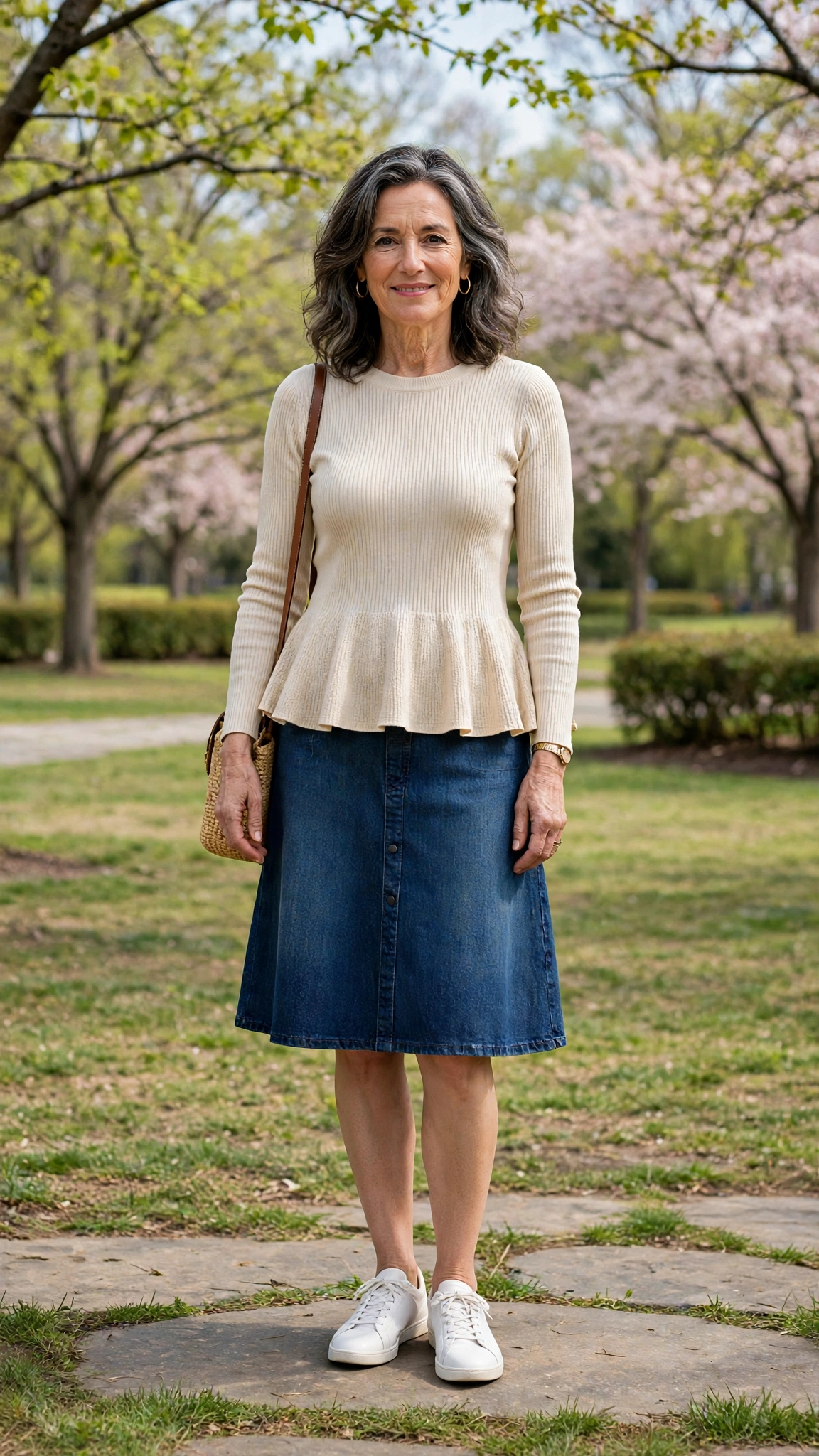 Peplum ribbed knit top with a denim skirt