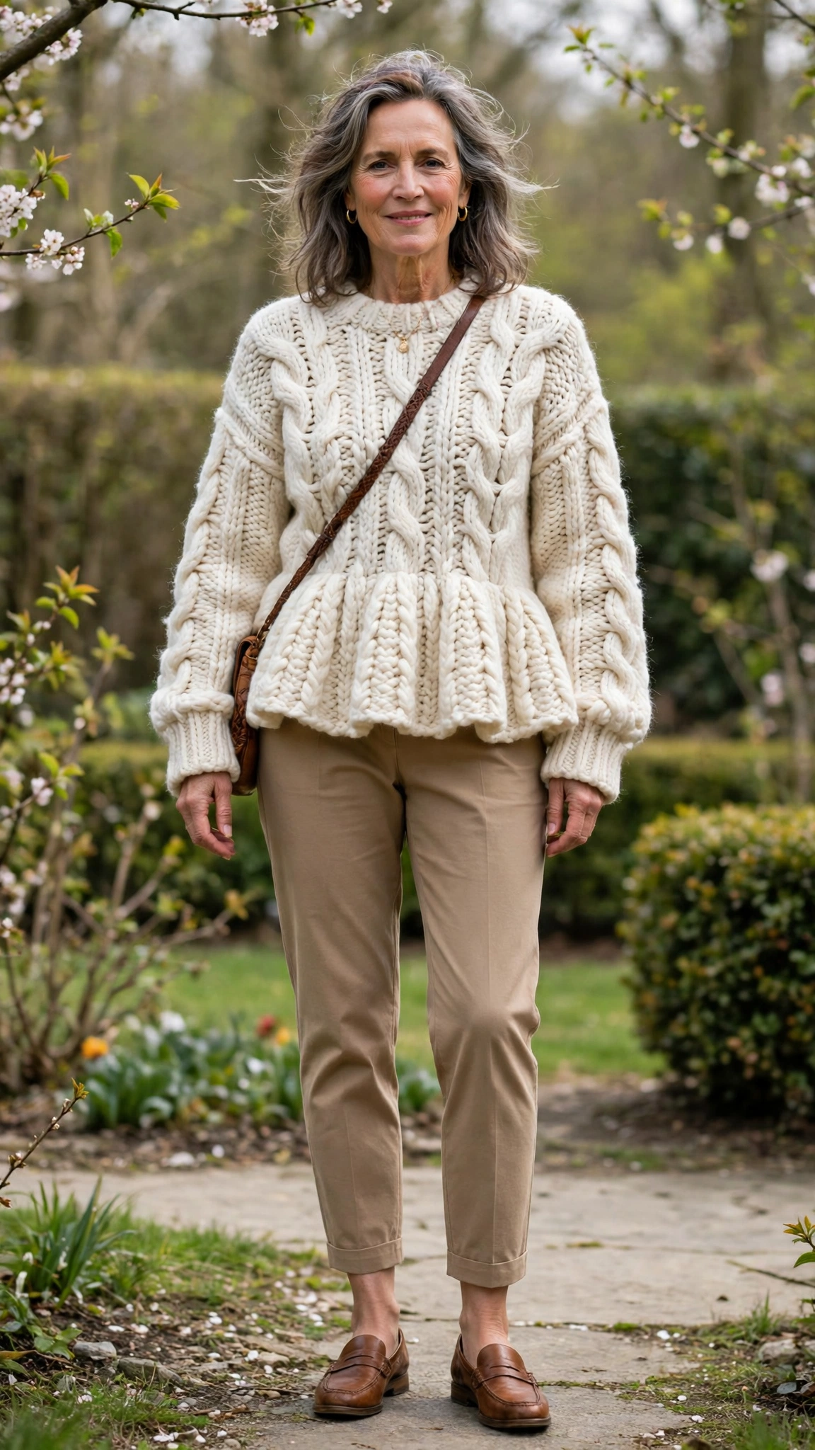 Peplum chunky knit sweater with ankle trousers