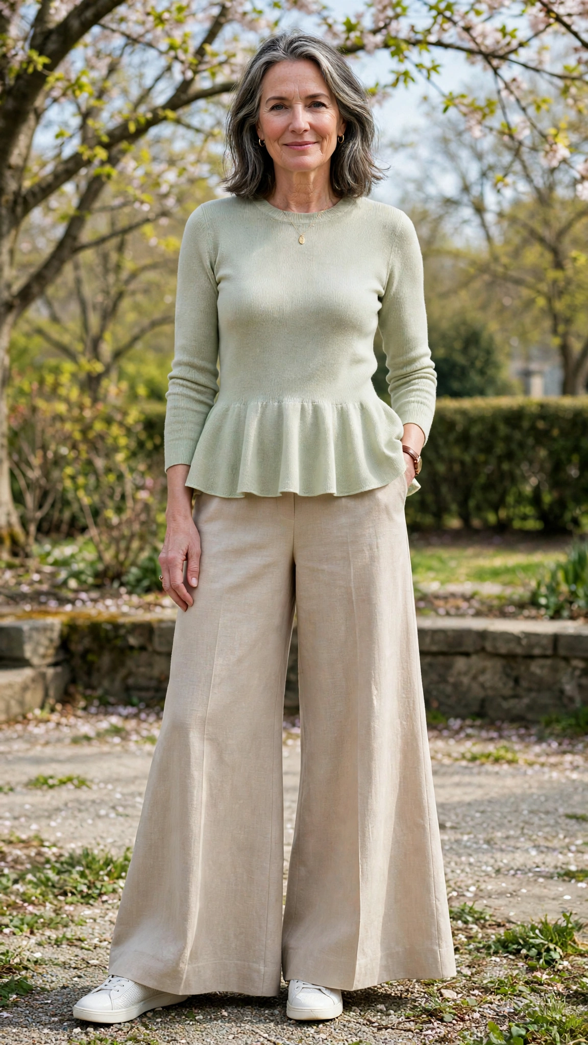 Peplum fine-knit top with wide-leg trousers