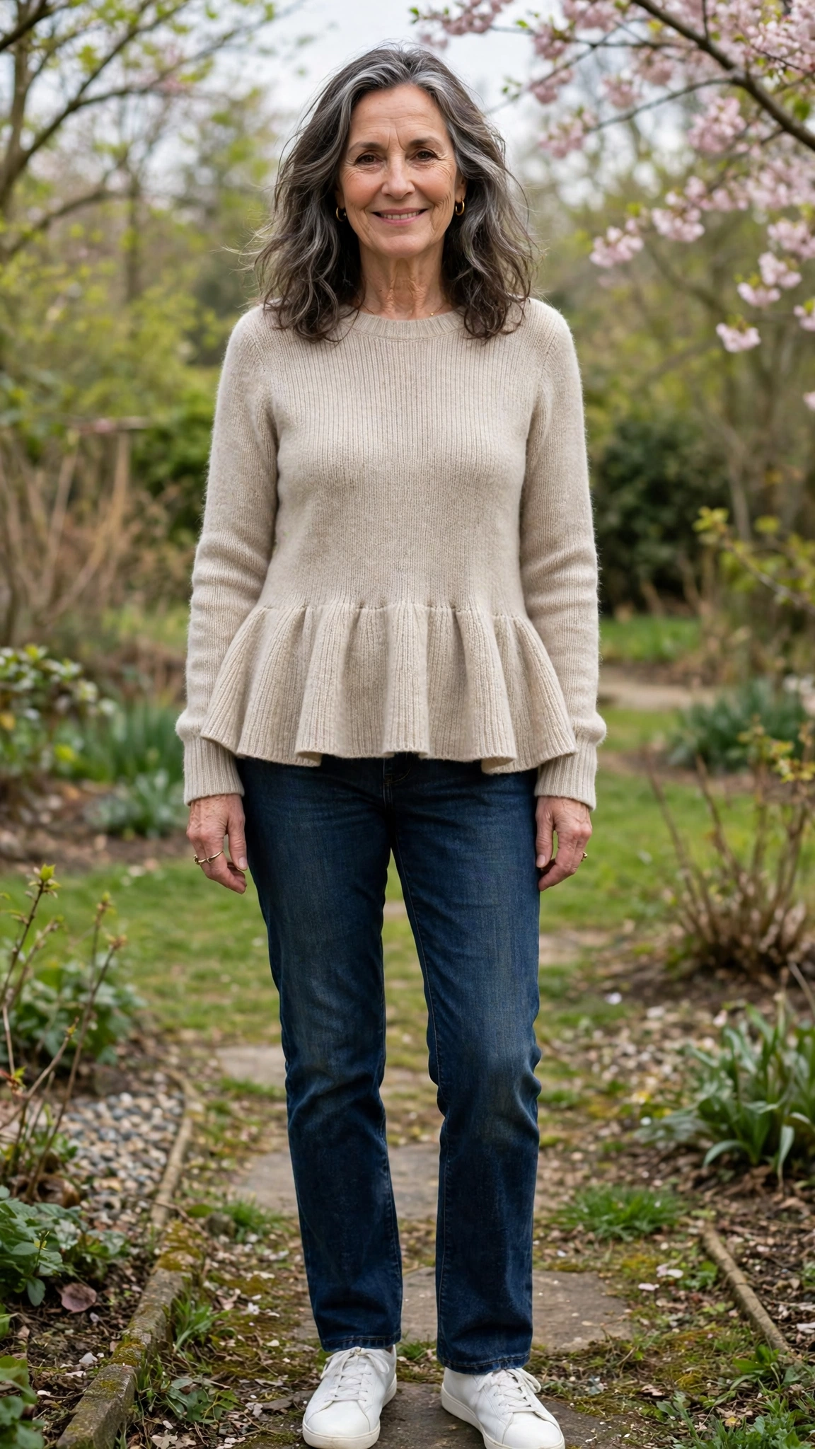Peplum knit tunic with dark-wash jeans