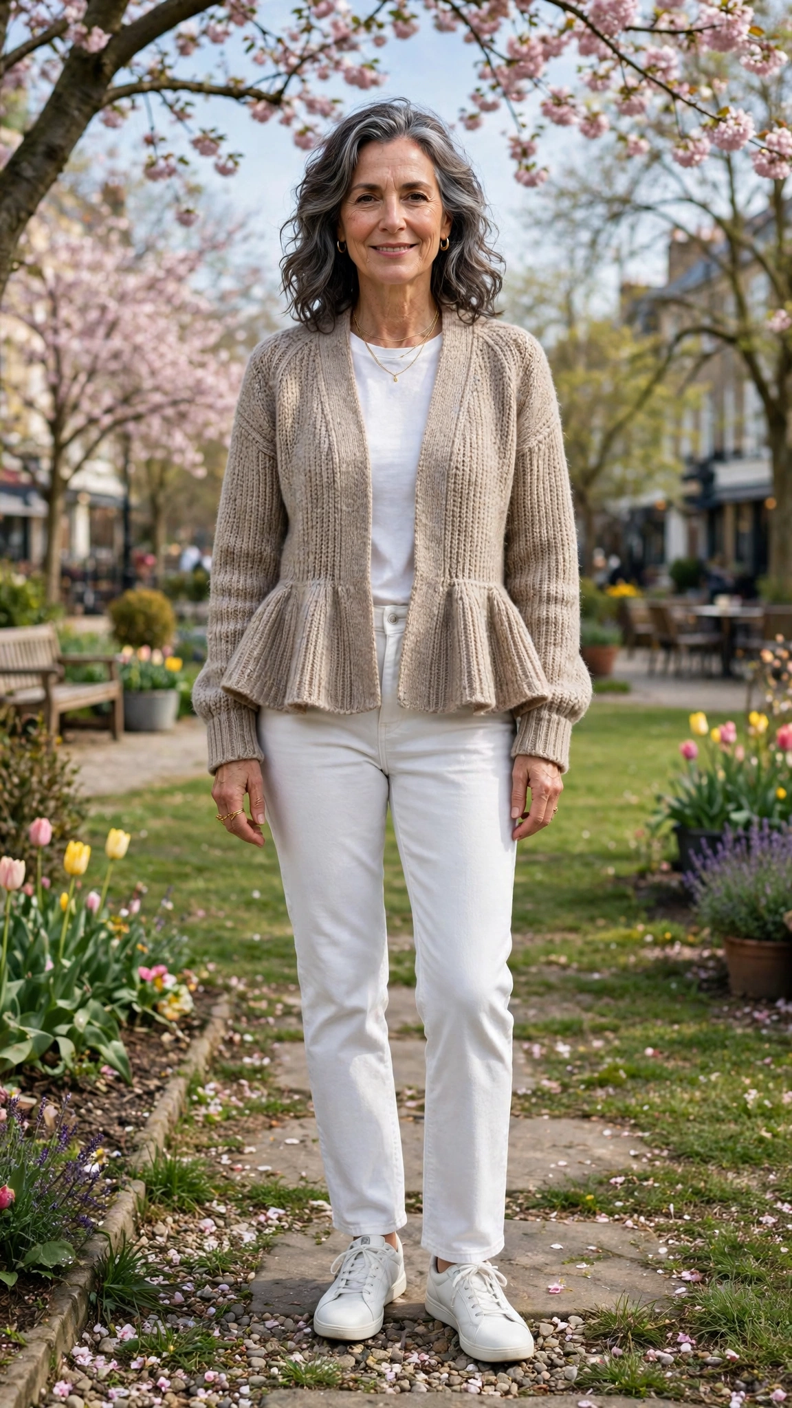 Peplum knit jacket with white jeans