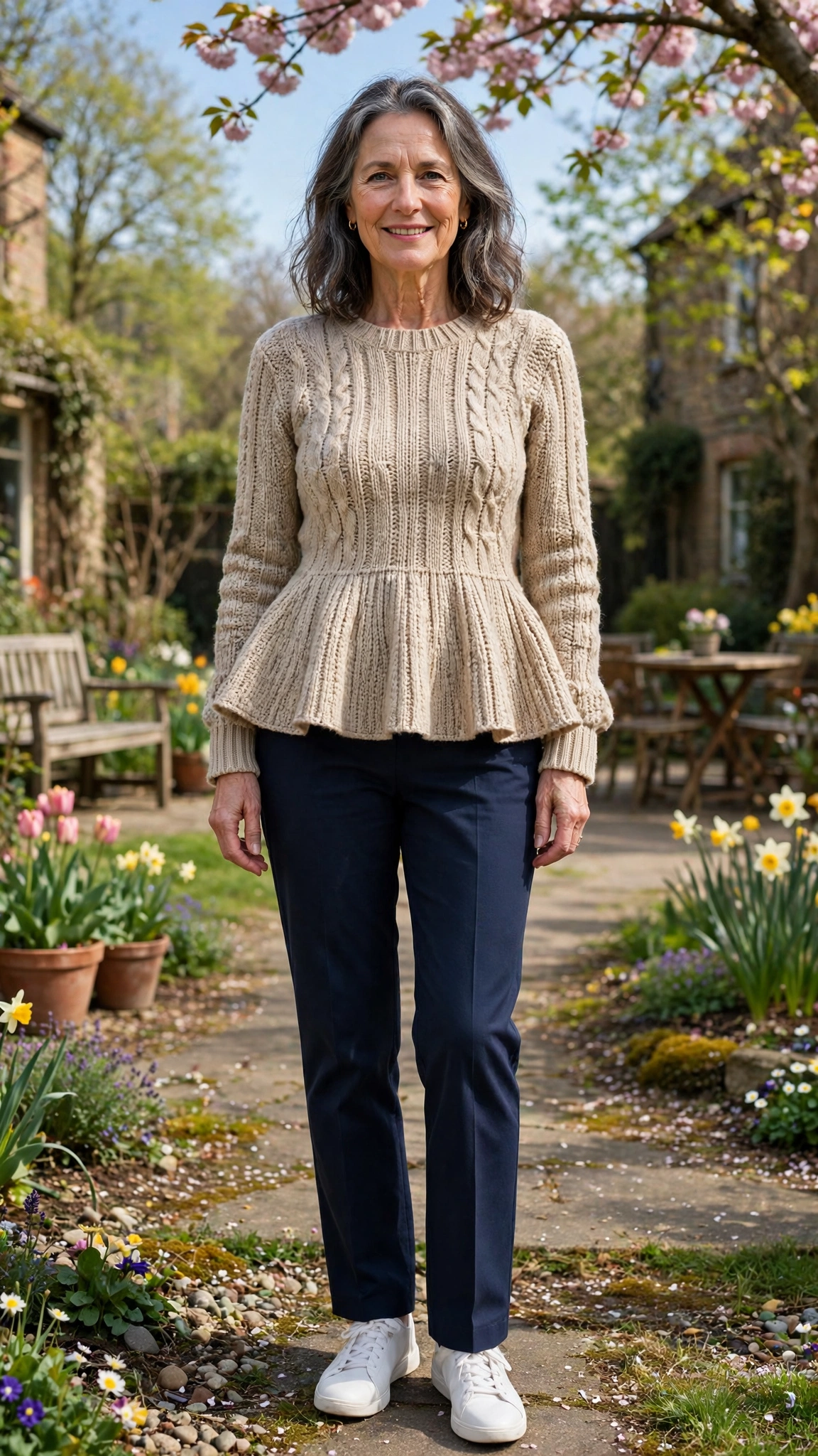 Peplum knit top with straight trousers