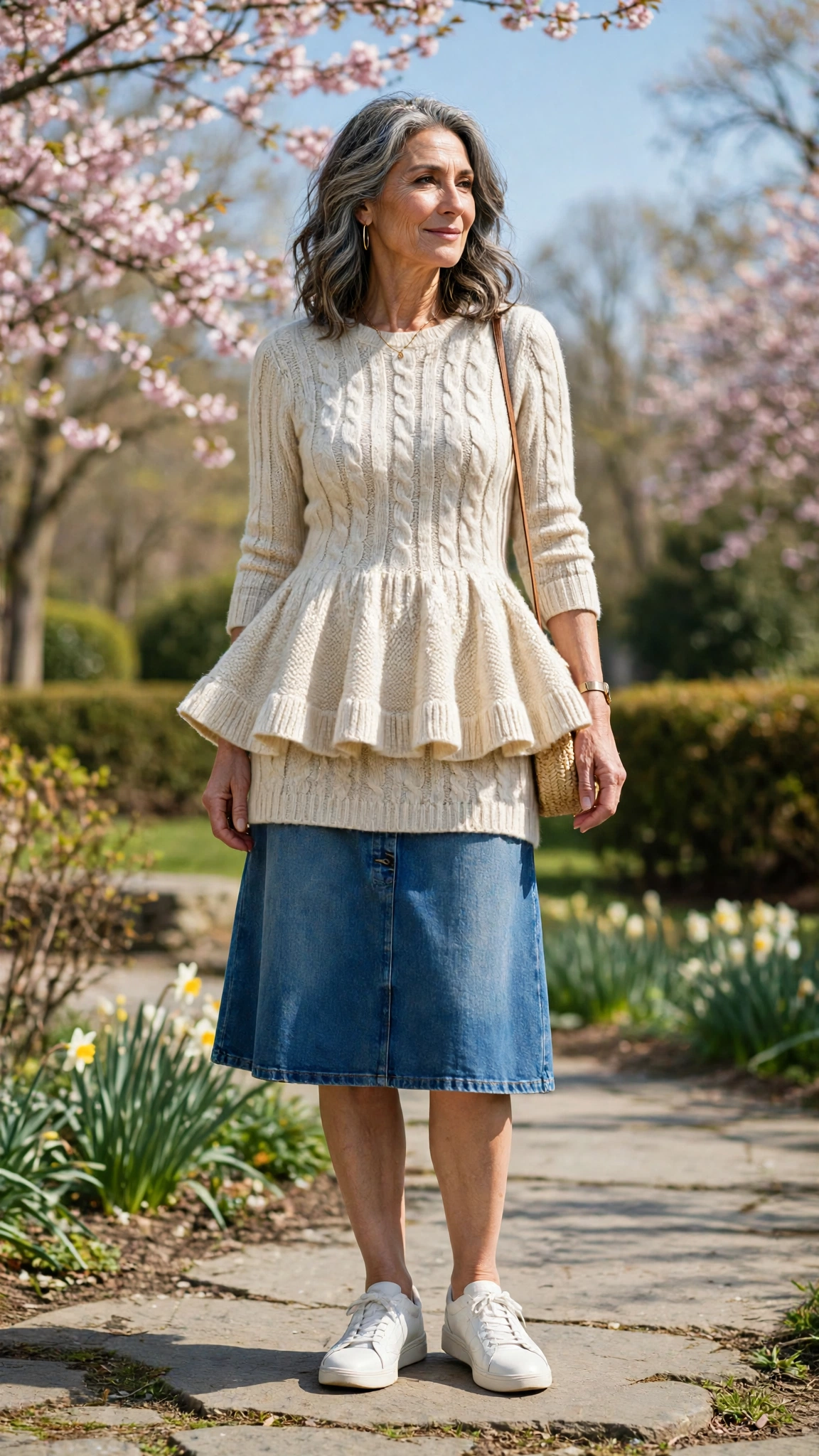 Peplum knit dress with a denim skirt