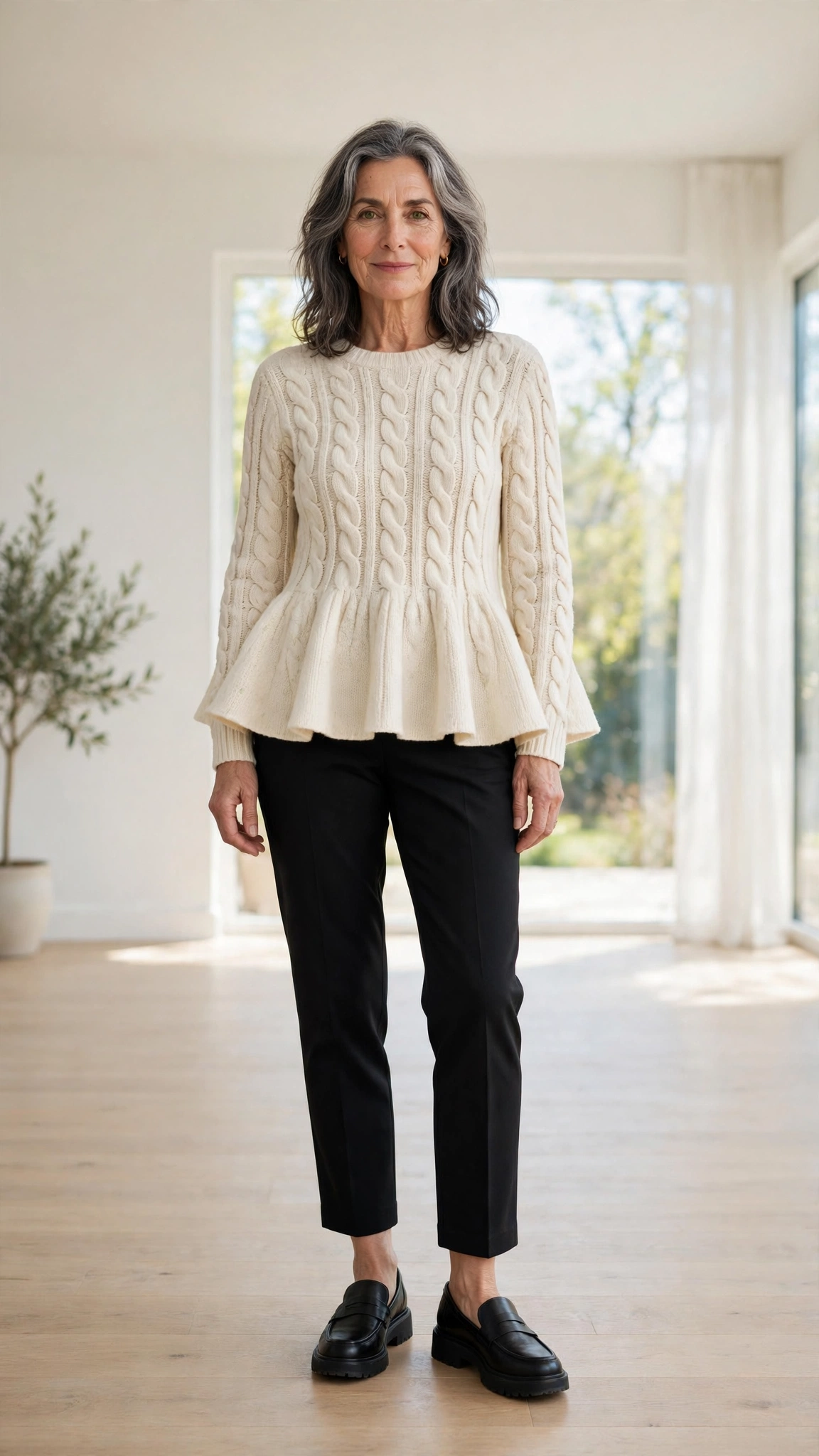 Peplum cable-knit top with ankle trousers