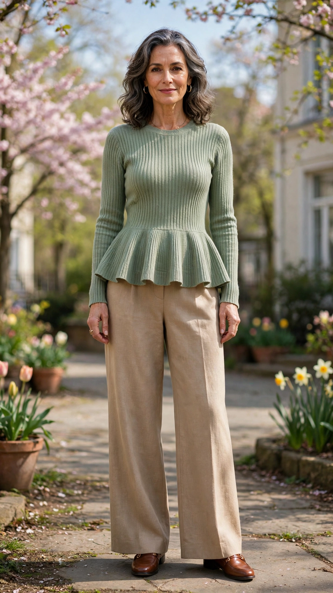 Peplum ribbed knit top with wide-leg trousers