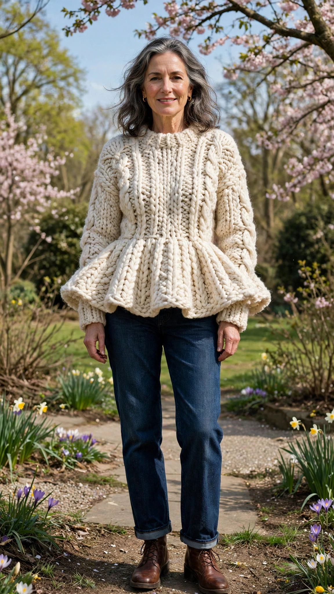 Peplum chunky knit sweater with dark-wash jeans