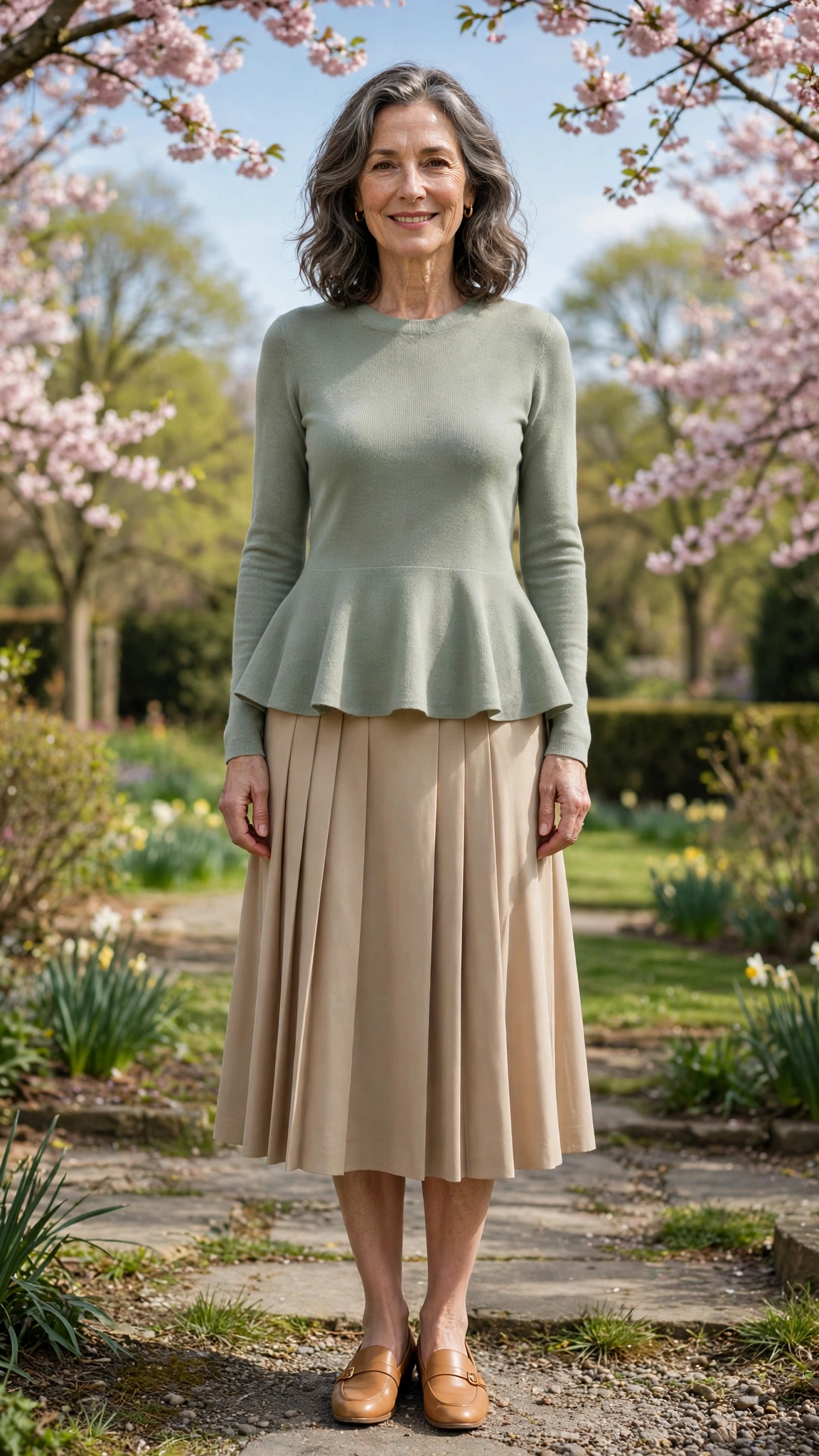 Peplum fine-knit top with a pleated skirt
