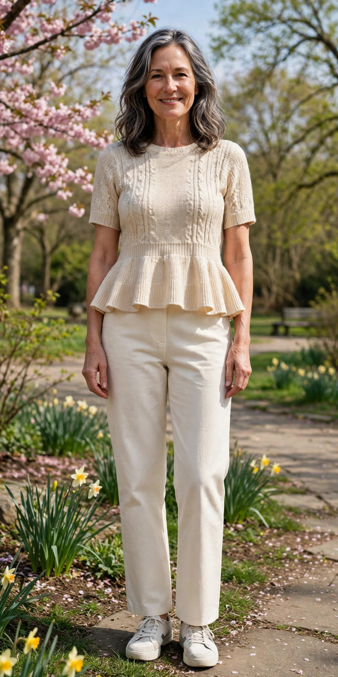 Peplum cropped knit top with cream trousers